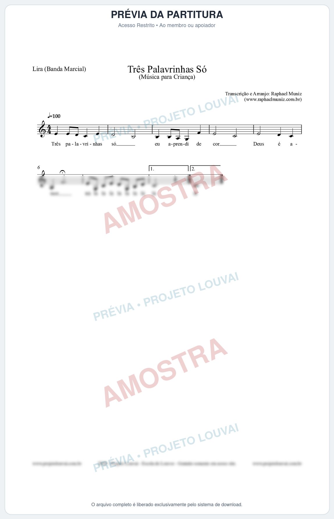 Prévia protegida da primeira página da partitura Partitura para Lira (Banda Marcial) - Três Palavrinhas Só - Música Infantil