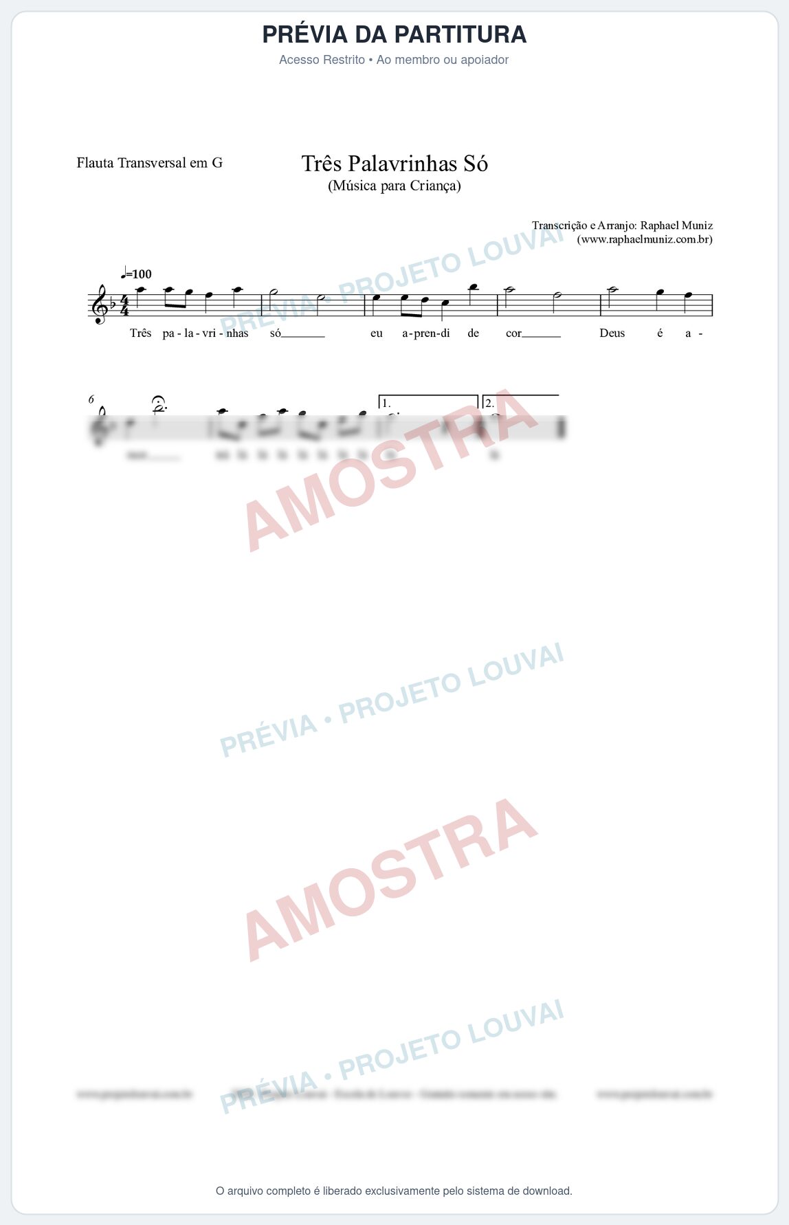Prévia protegida da primeira página da partitura Partitura para Flauta Transversal em G - Três Palavrinhas Só - Música Infantil