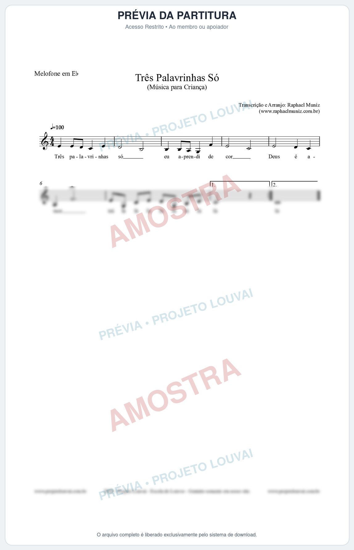 Prévia protegida da primeira página da partitura Partitura para Melofone em Eb - Três Palavrinhas Só - Música Infantil