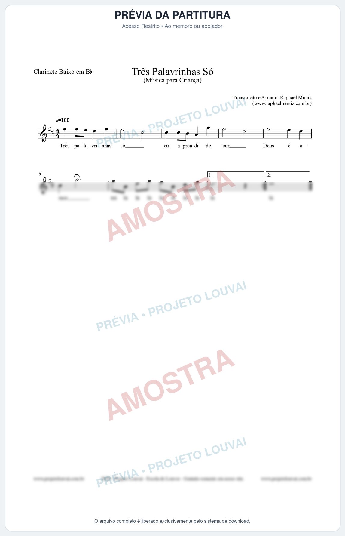 Prévia protegida da primeira página da partitura Partitura para Clarinete Baixo em Bb - Três Palavrinhas Só - Música Infantil