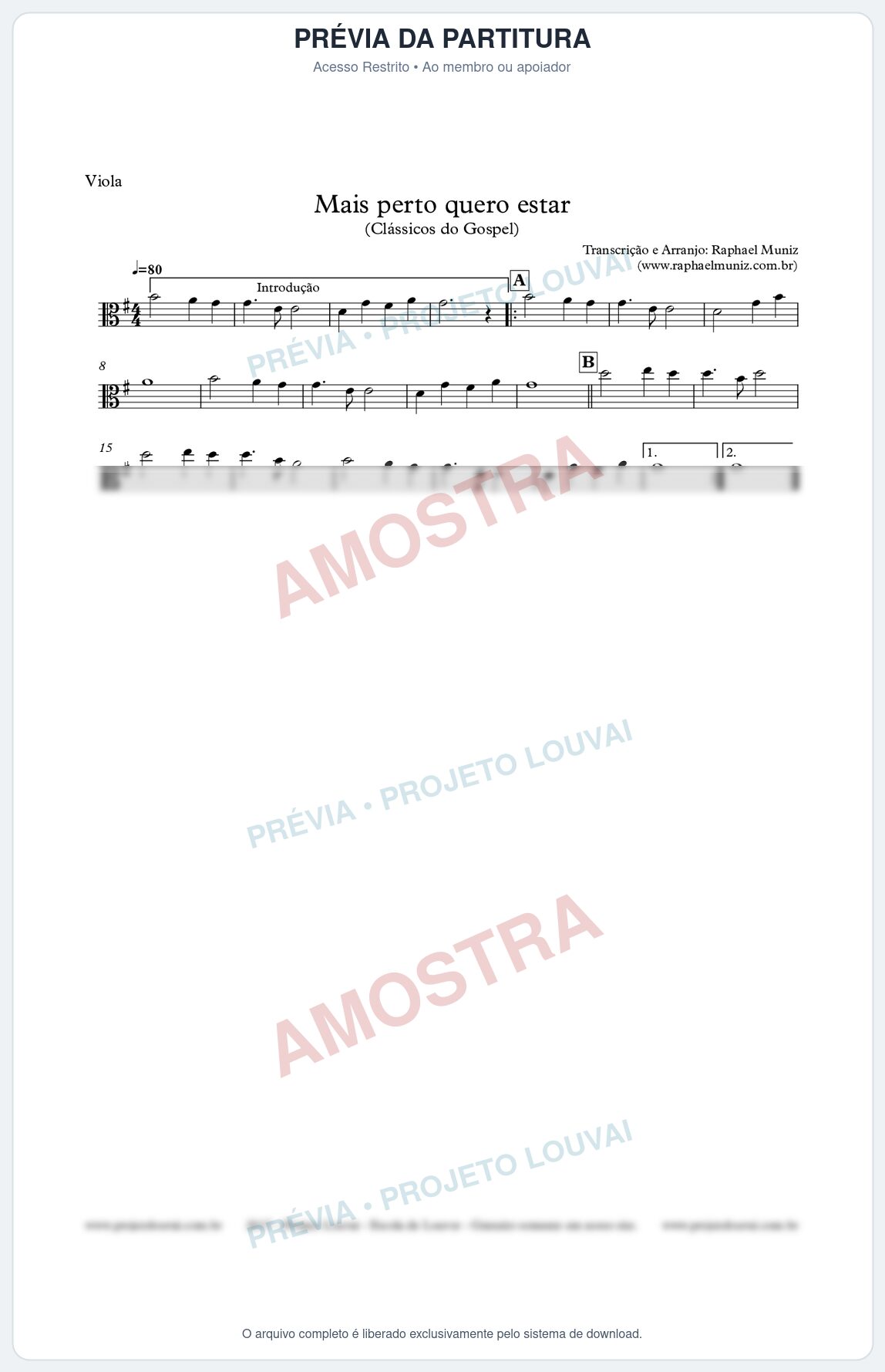 Prévia protegida da primeira página da partitura Partitura para Viola - Mais Perto Quero Estar - Clássicos do Gospel