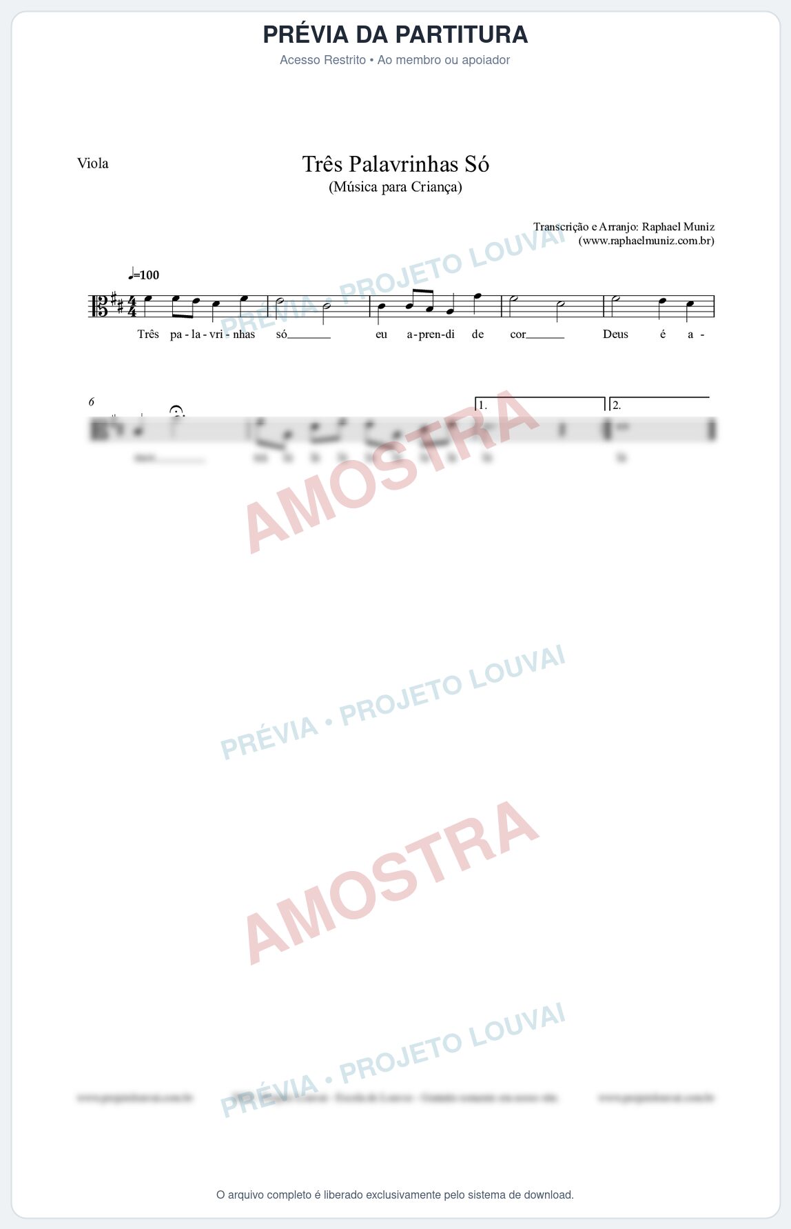 Prévia protegida da primeira página da partitura Partitura para Viola - Três Palavrinhas Só - Música Infantil