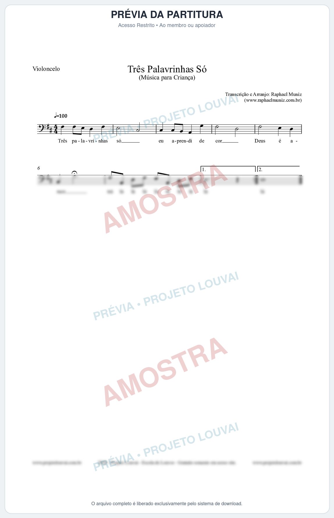 Prévia protegida da primeira página da partitura Partitura para Violoncelo - Três Palavrinhas Só - Música Infantil