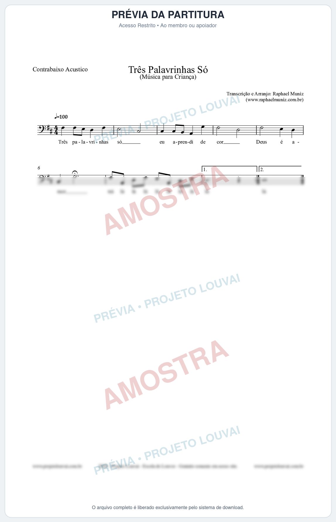 Prévia protegida da primeira página da partitura Partitura para Contrabaixo Acústico - Três Palavrinhas Só - Música Infantil