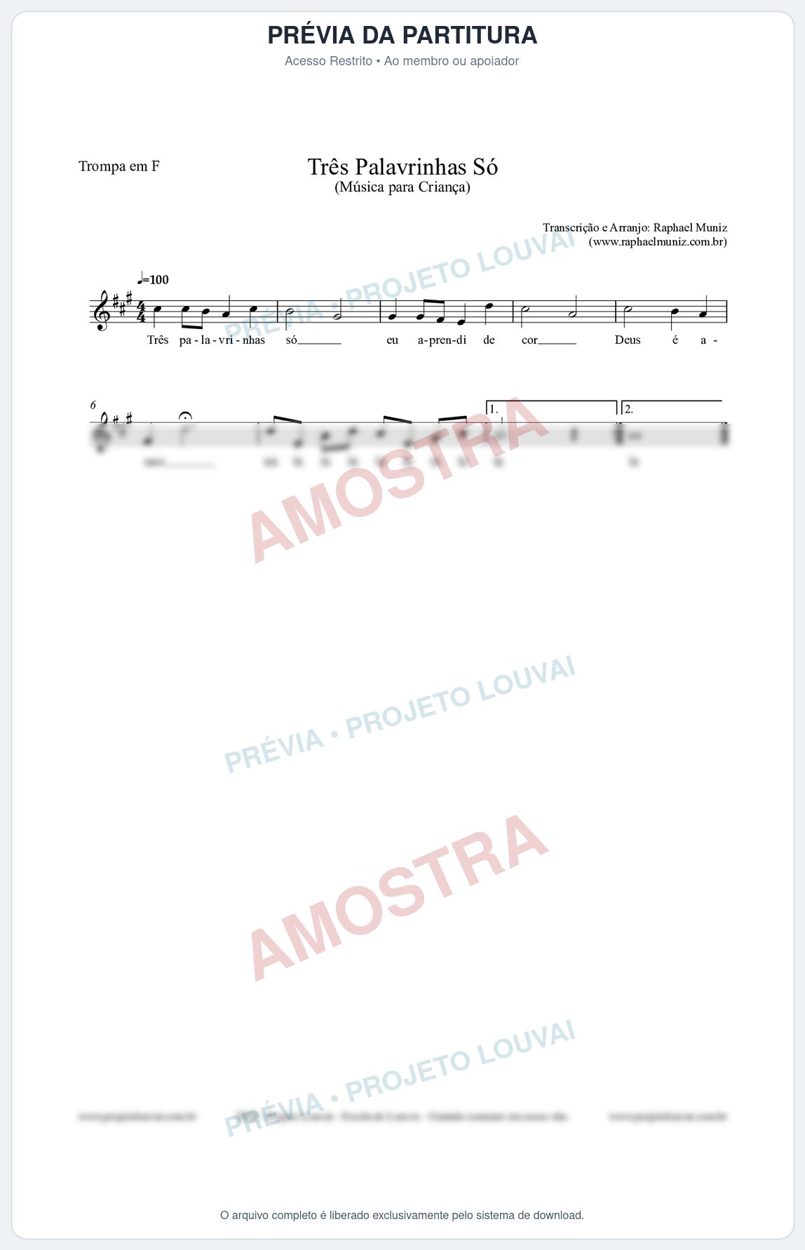 Prévia protegida da primeira página da partitura Partitura para Trompa em F - Três Palavrinhas Só - Música Infantil