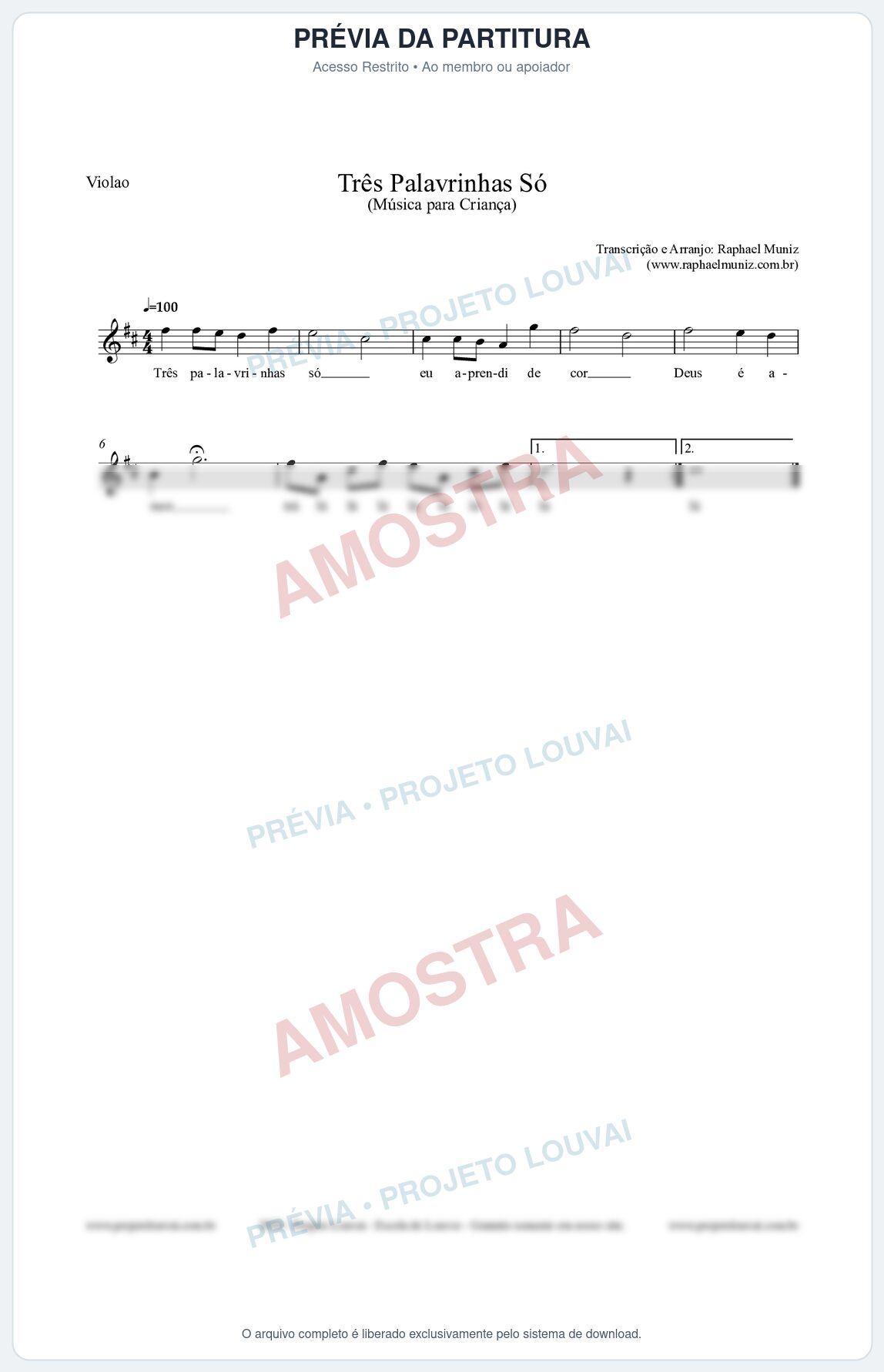 Prévia protegida da primeira página da partitura Partitura para Violão - Três Palavrinhas Só - Música Infantil
