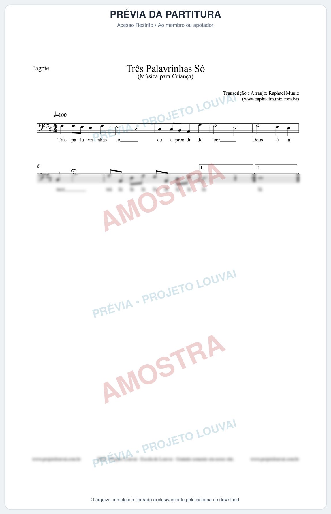 Prévia protegida da primeira página da partitura Partitura para Fagote - Três Palavrinhas Só - Música Infantil