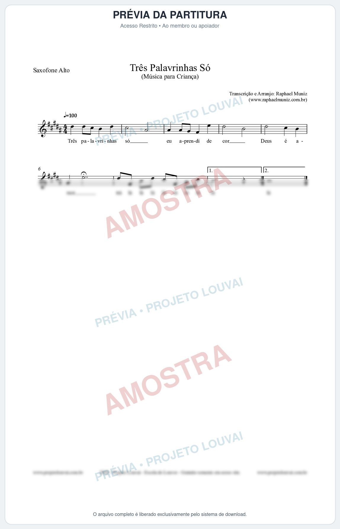 Prévia protegida da primeira página da partitura Partitura para Saxofone Alto - Três Palavrinhas Só - Música Infantil