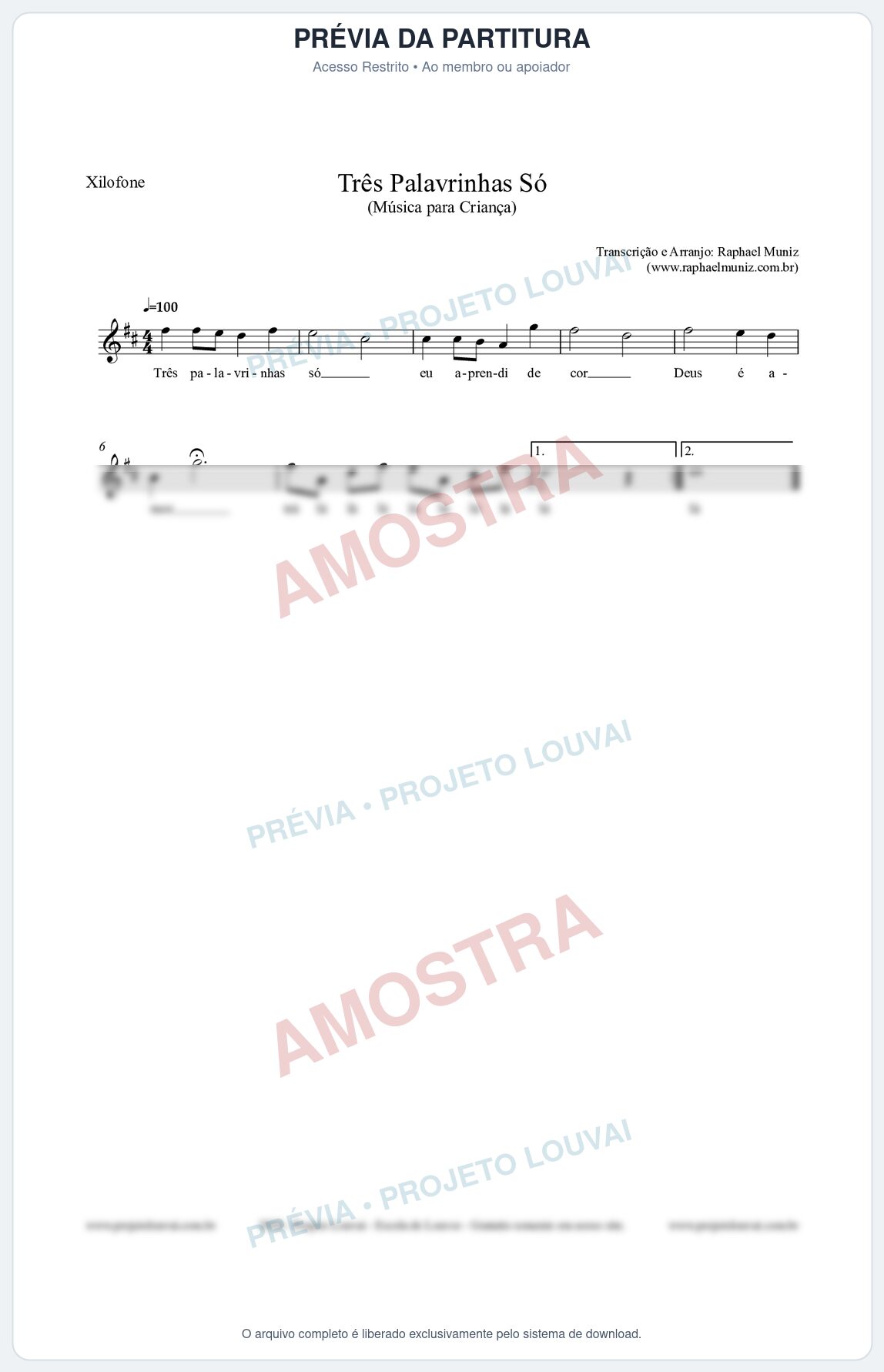 Prévia protegida da primeira página da partitura Partitura para Xilofone - Três Palavrinhas Só - Música Infantil