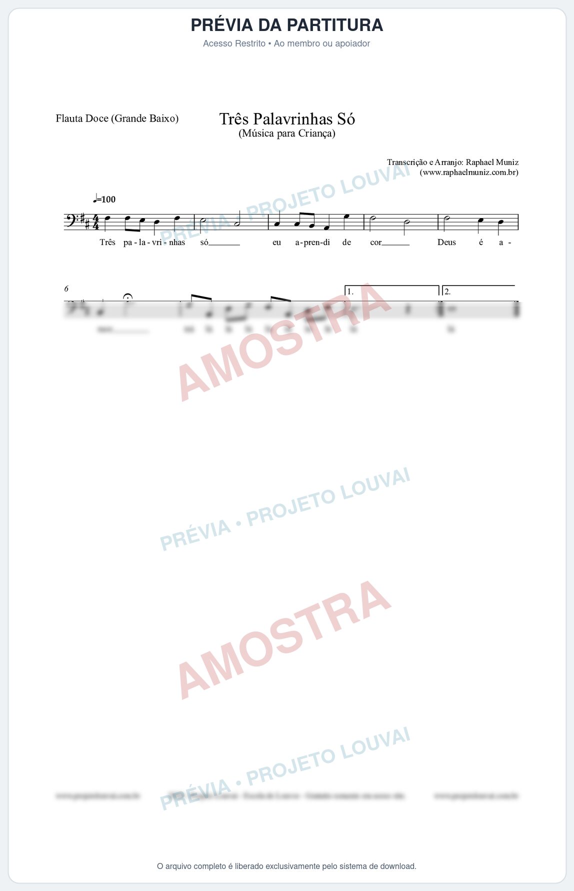 Prévia protegida da primeira página da partitura Partitura para Flauta Doce (Grande Baixo) - Três Palavrinhas Só - Música Infantil