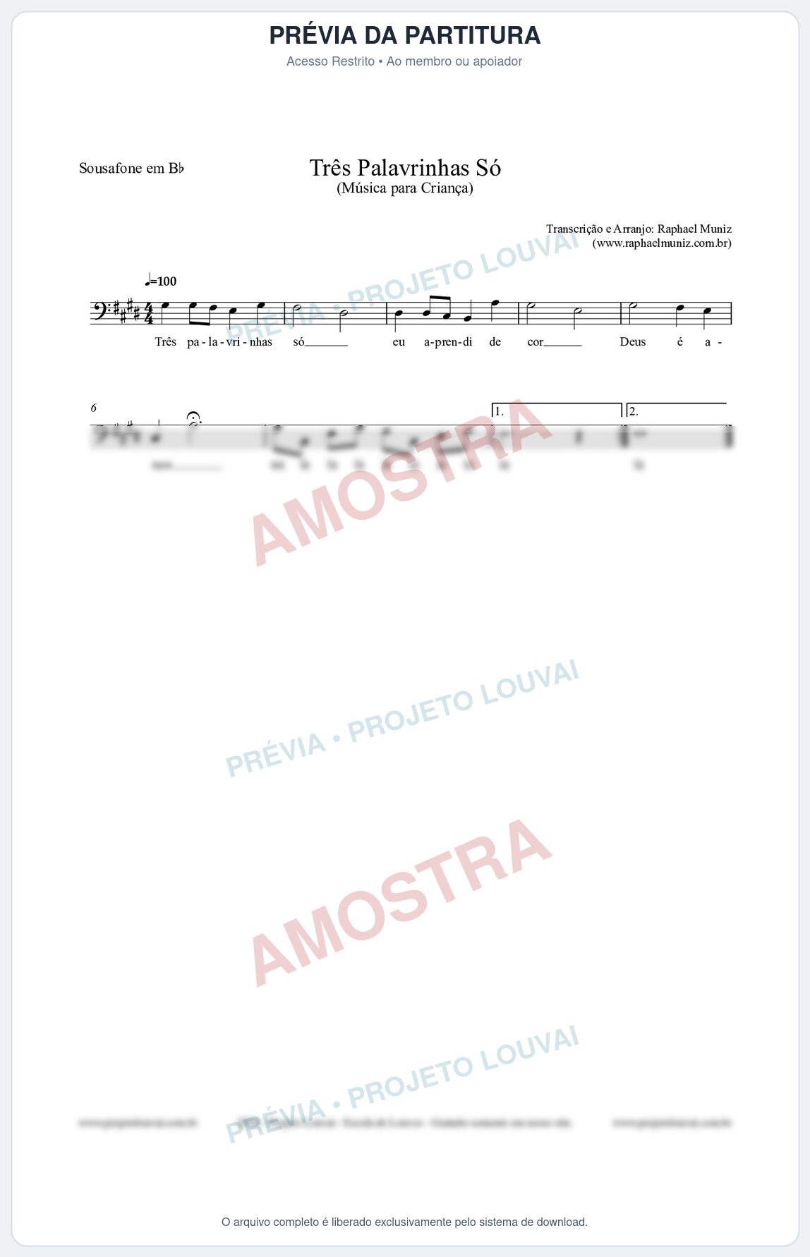Prévia protegida da primeira página da partitura Partitura para Sousafone em Bb - Três Palavrinhas Só - Música Infantil