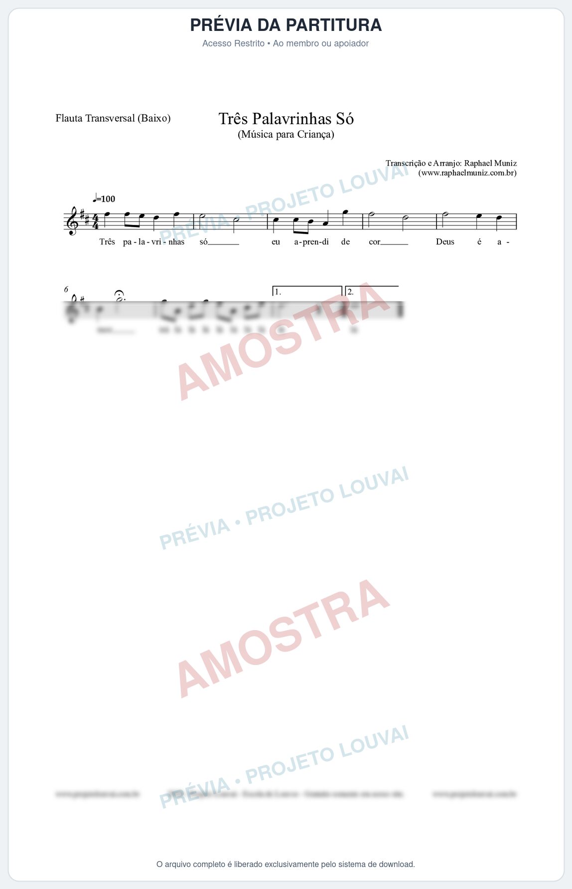 Prévia protegida da primeira página da partitura Partitura para Flauta Transversal (Baixo) - Três Palavrinhas Só - Música Infantil