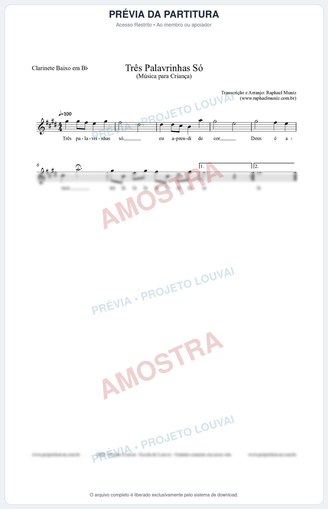 Prévia protegida da primeira página da partitura Partitura para Clarinete Baixo em Bb - Três Palavrinhas Só - Música Infantil
