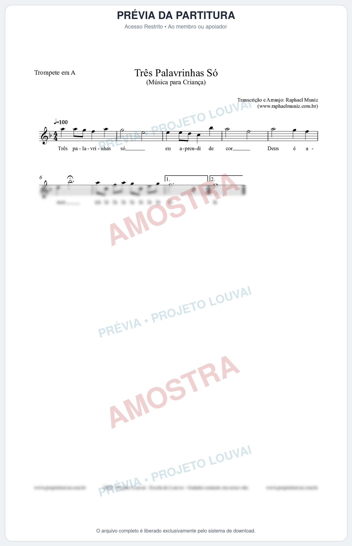 Prévia protegida da primeira página da partitura Partitura para Trompete em A - Três Palavrinhas Só - Música Infantil