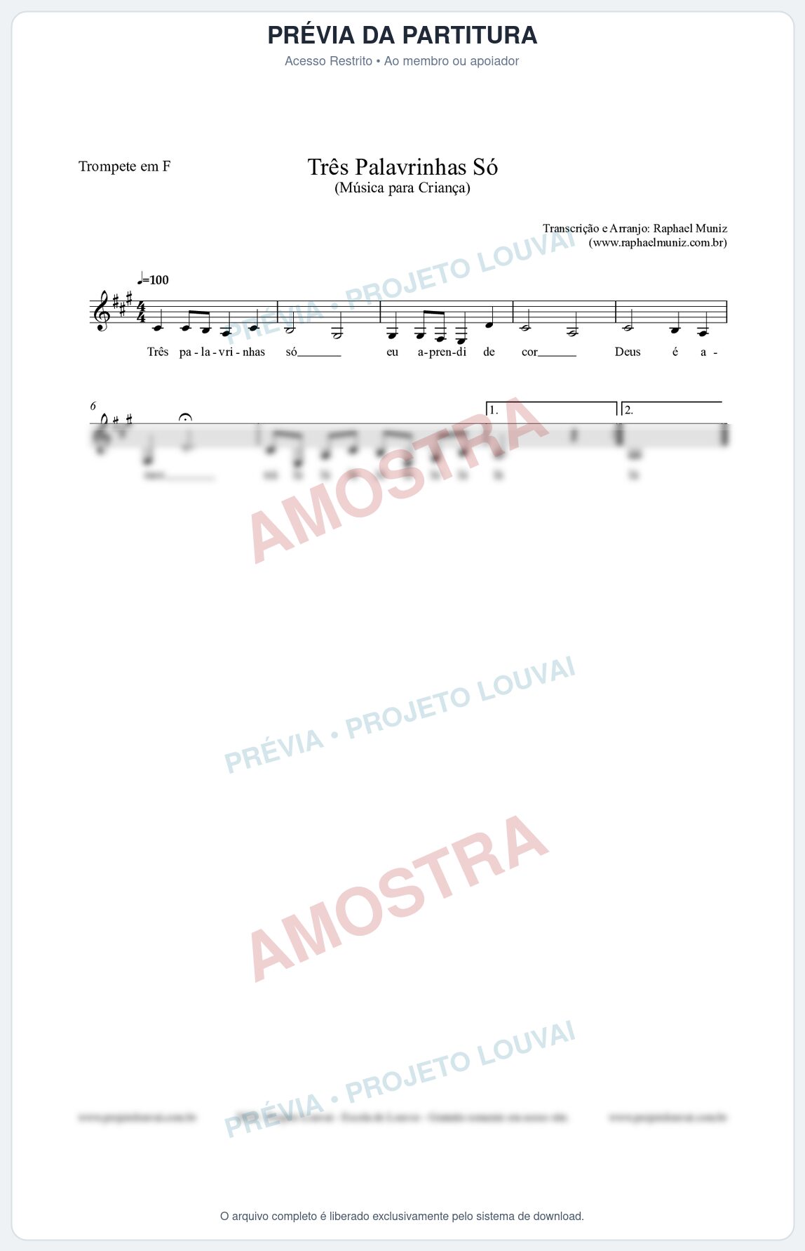 Prévia protegida da primeira página da partitura Partitura para Trompete em F - Três Palavrinhas Só - Música Infantil