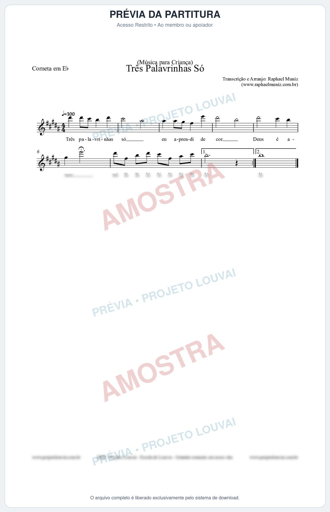 Prévia protegida da primeira página da partitura Partitura para Corneta em Eb - Três Palavrinhas Só - Música Infantil