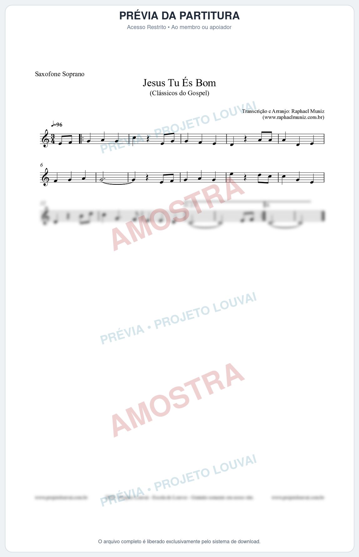 Prévia protegida da primeira página da partitura Partitura para Saxofone Soprano - Jesus Tu És Bom - Harpa Cristã nº25 - Clássicos do Gospel