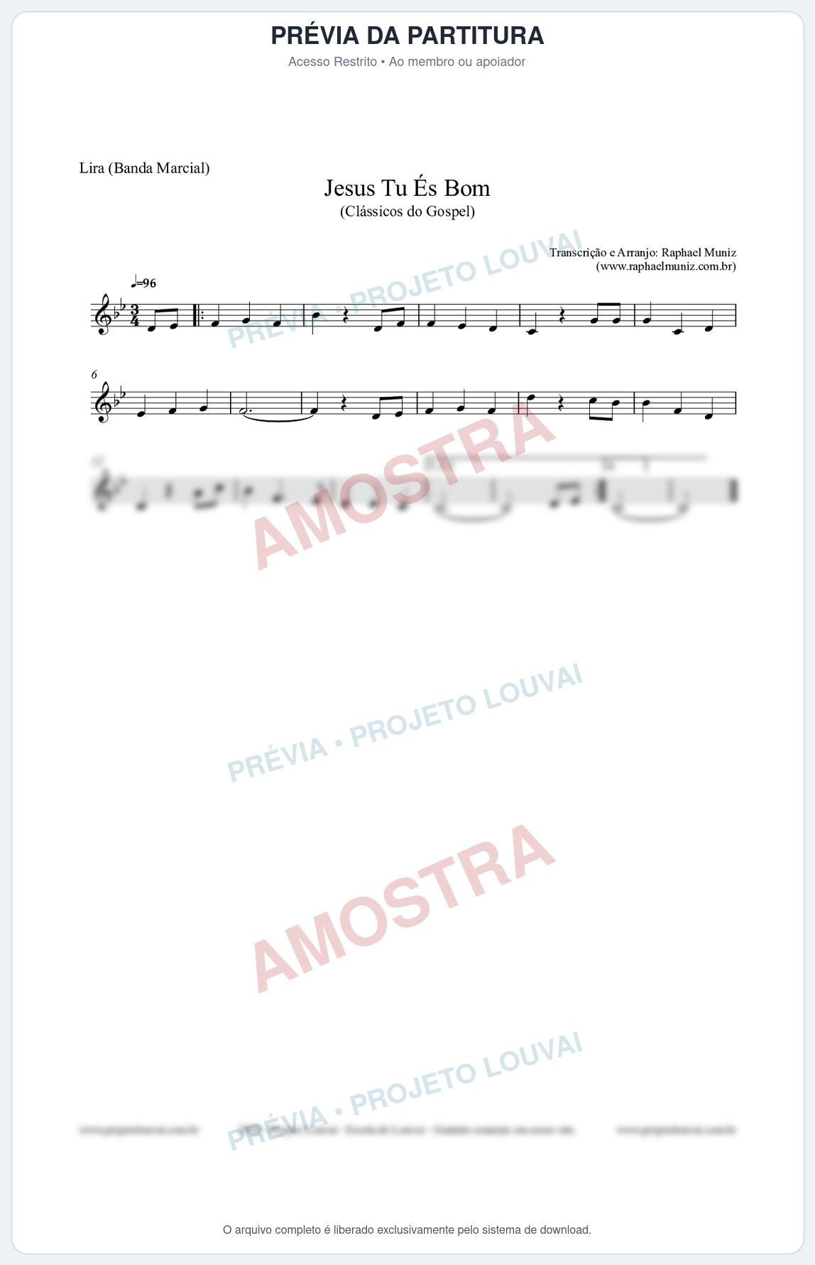 Prévia protegida da primeira página da partitura Partitura para Lira (Banda Marcial) - Jesus Tu És Bom - Harpa Cristã nº25 - Clássicos do Gospel