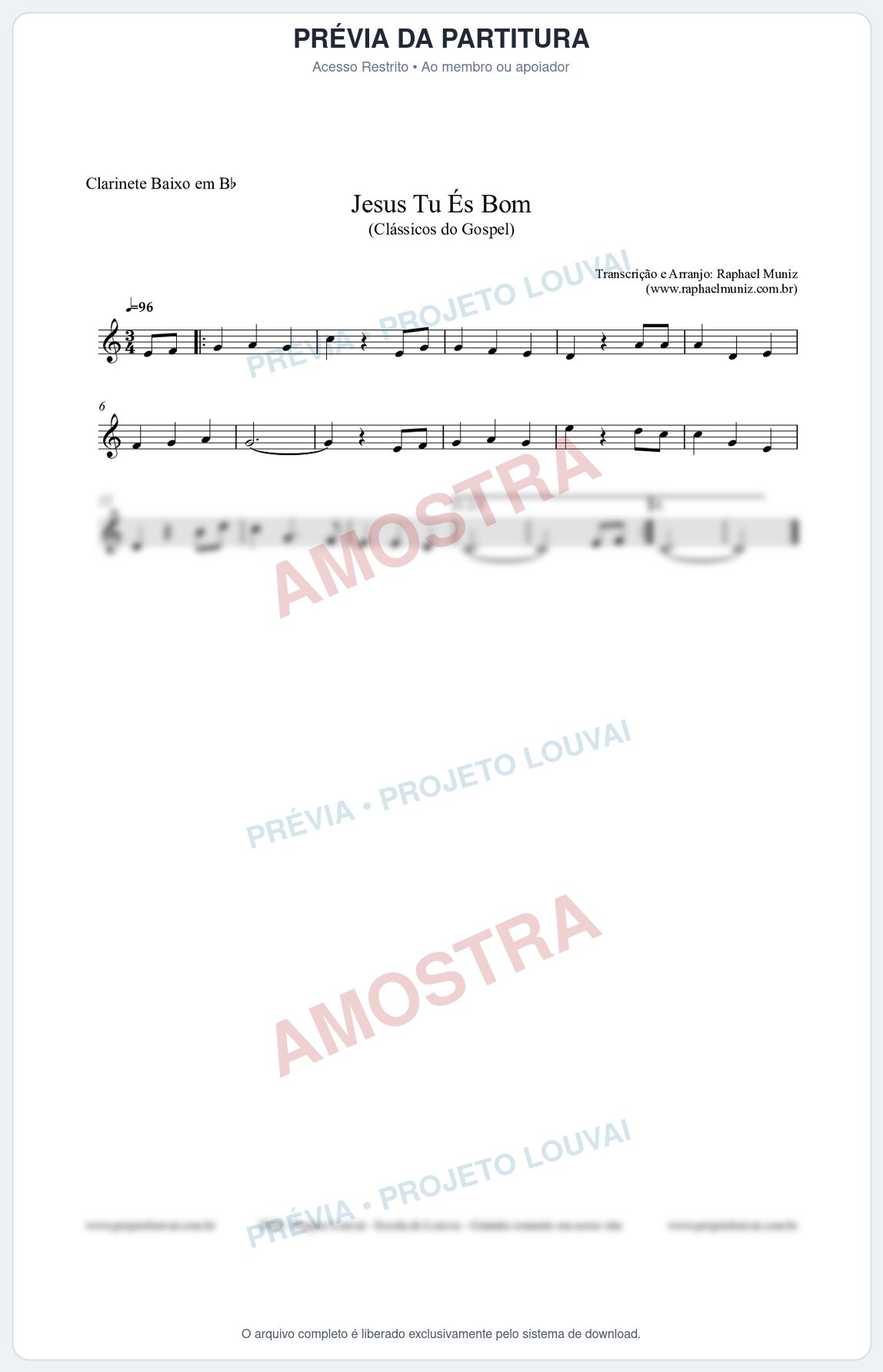 Prévia protegida da primeira página da partitura Partitura para Clarinete Baixo em Bb - Jesus Tu És Bom - Harpa Cristã nº25 - Clássicos do Gospel