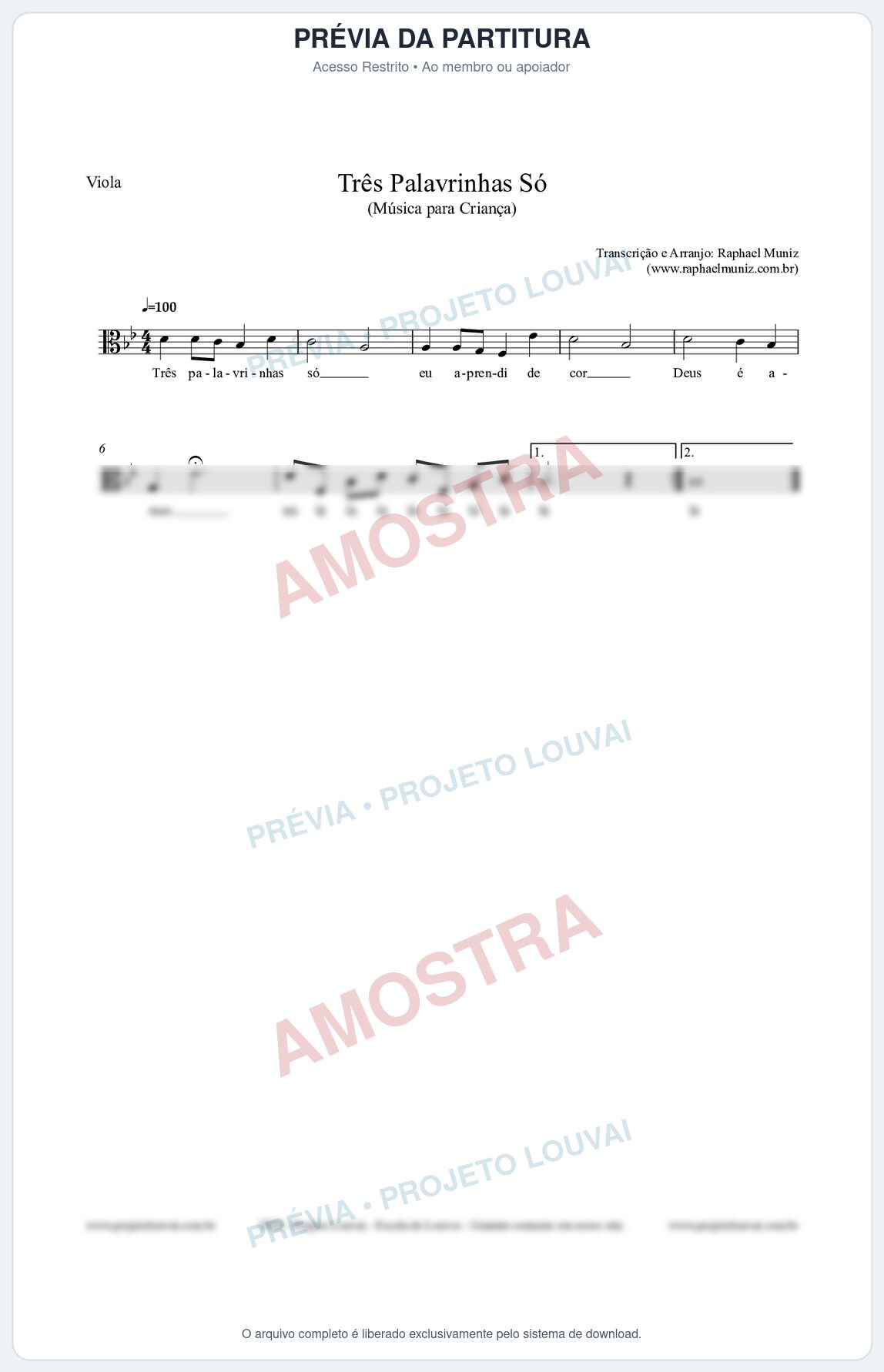 Prévia protegida da primeira página da partitura Partitura para Viola - Três Palavrinhas Só - Música Infantil