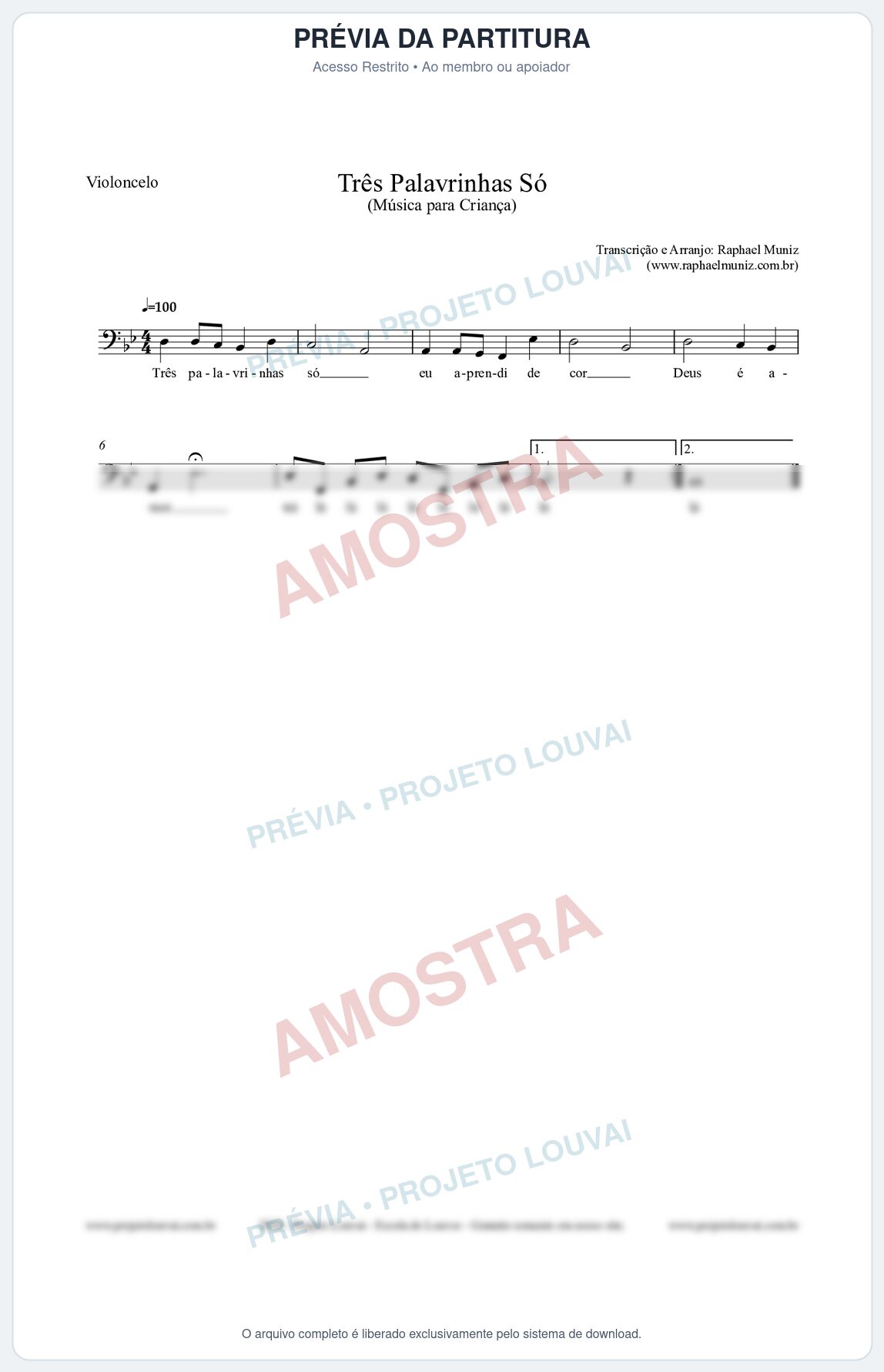 Prévia protegida da primeira página da partitura Partitura para Violoncelo - Três Palavrinhas Só - Música Infantil