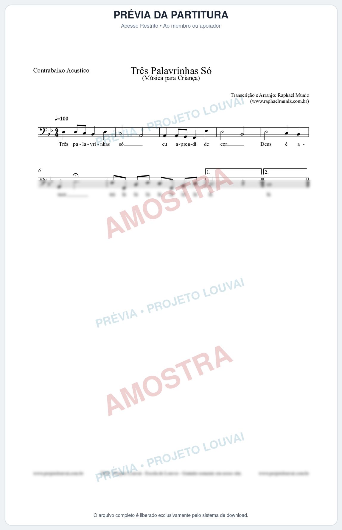 Prévia protegida da primeira página da partitura Partitura para Contrabaixo Acústico - Três Palavrinhas Só - Música Infantil
