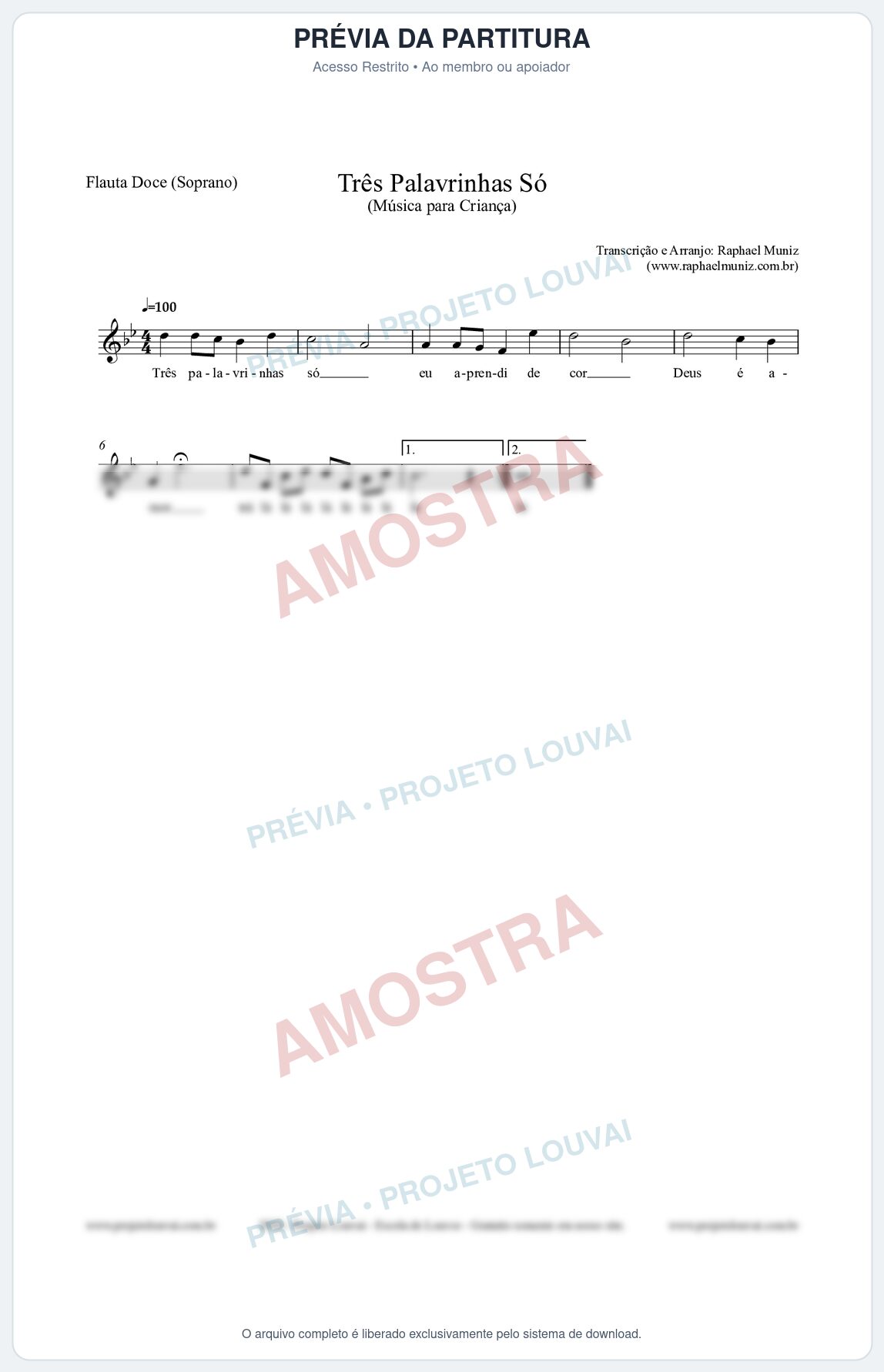 Prévia protegida da primeira página da partitura Partitura para Flauta Doce (Soprano) - Três Palavrinhas Só - Música Infantil
