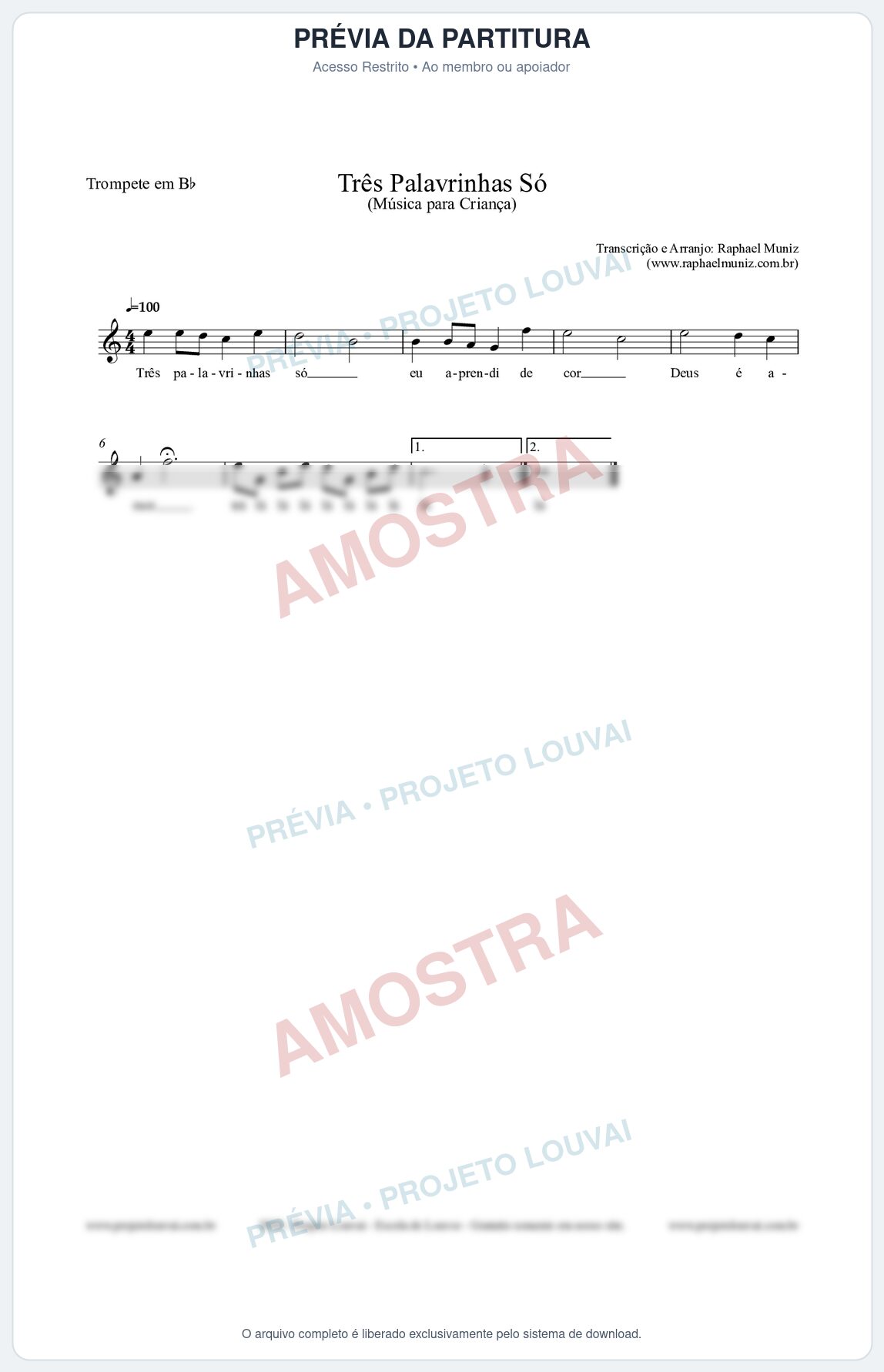 Prévia protegida da primeira página da partitura Partitura para Trompete em Bb - Três Palavrinhas Só - Música Infantil
