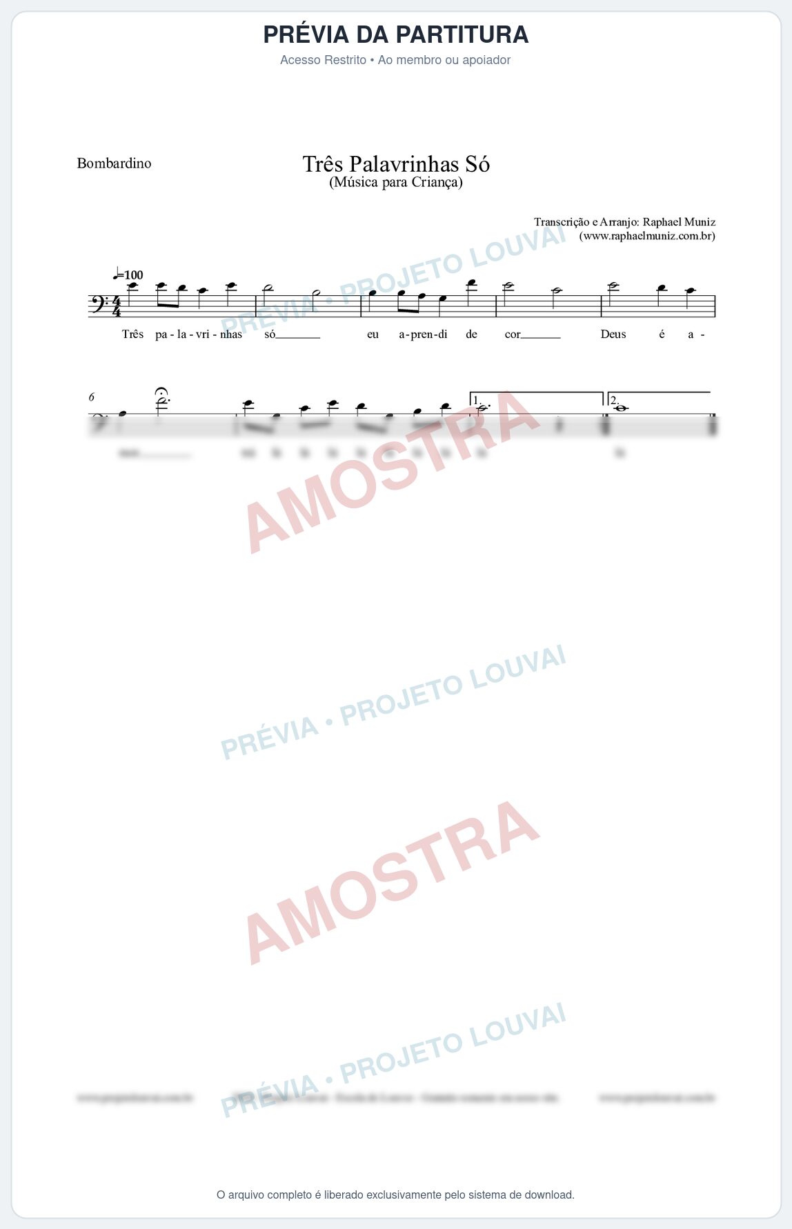 Prévia protegida da primeira página da partitura Partitura para Bombardino - Três Palavrinhas Só - Música Infantil