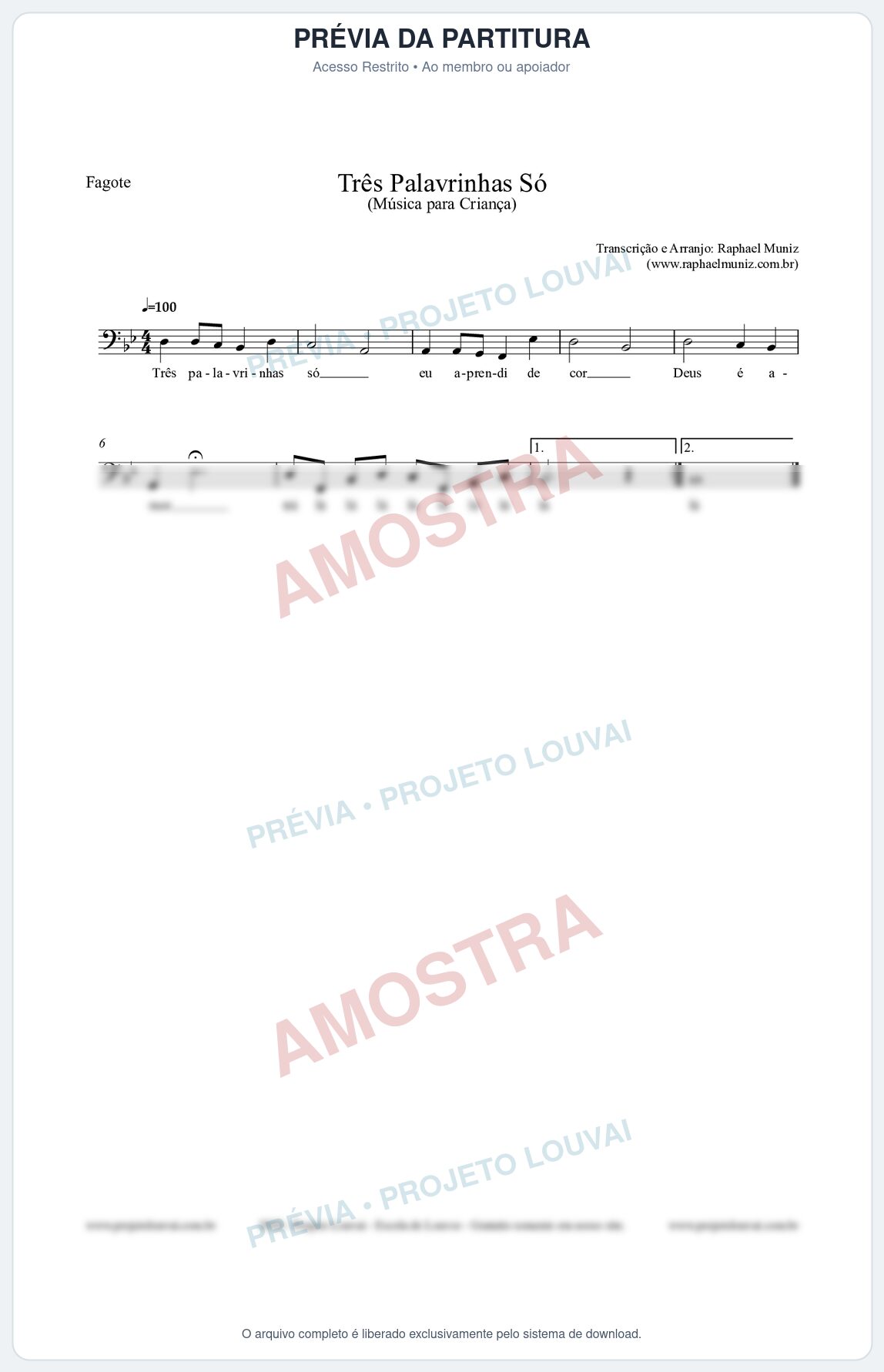 Prévia protegida da primeira página da partitura Partitura para Fagote - Três Palavrinhas Só - Música Infantil