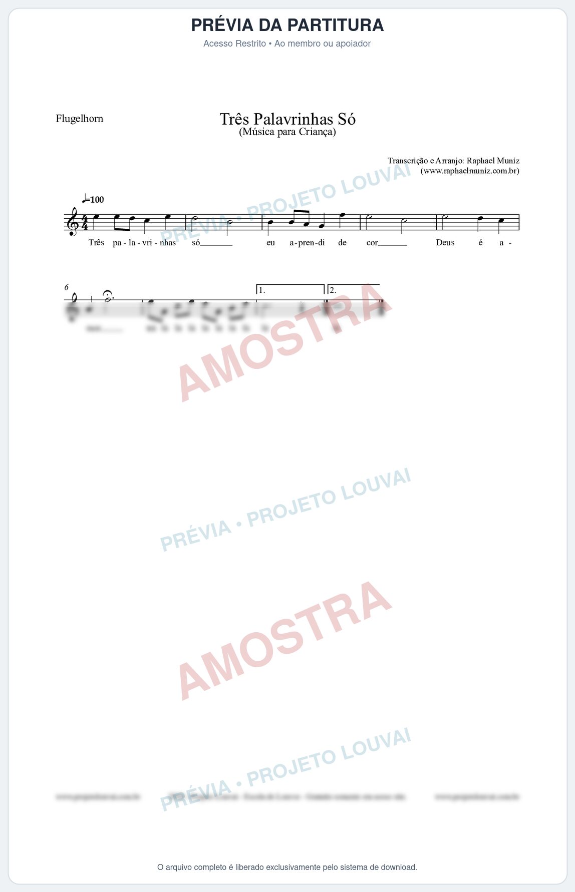 Prévia protegida da primeira página da partitura Partitura para Flugelhorn - Três Palavrinhas Só - Música Infantil