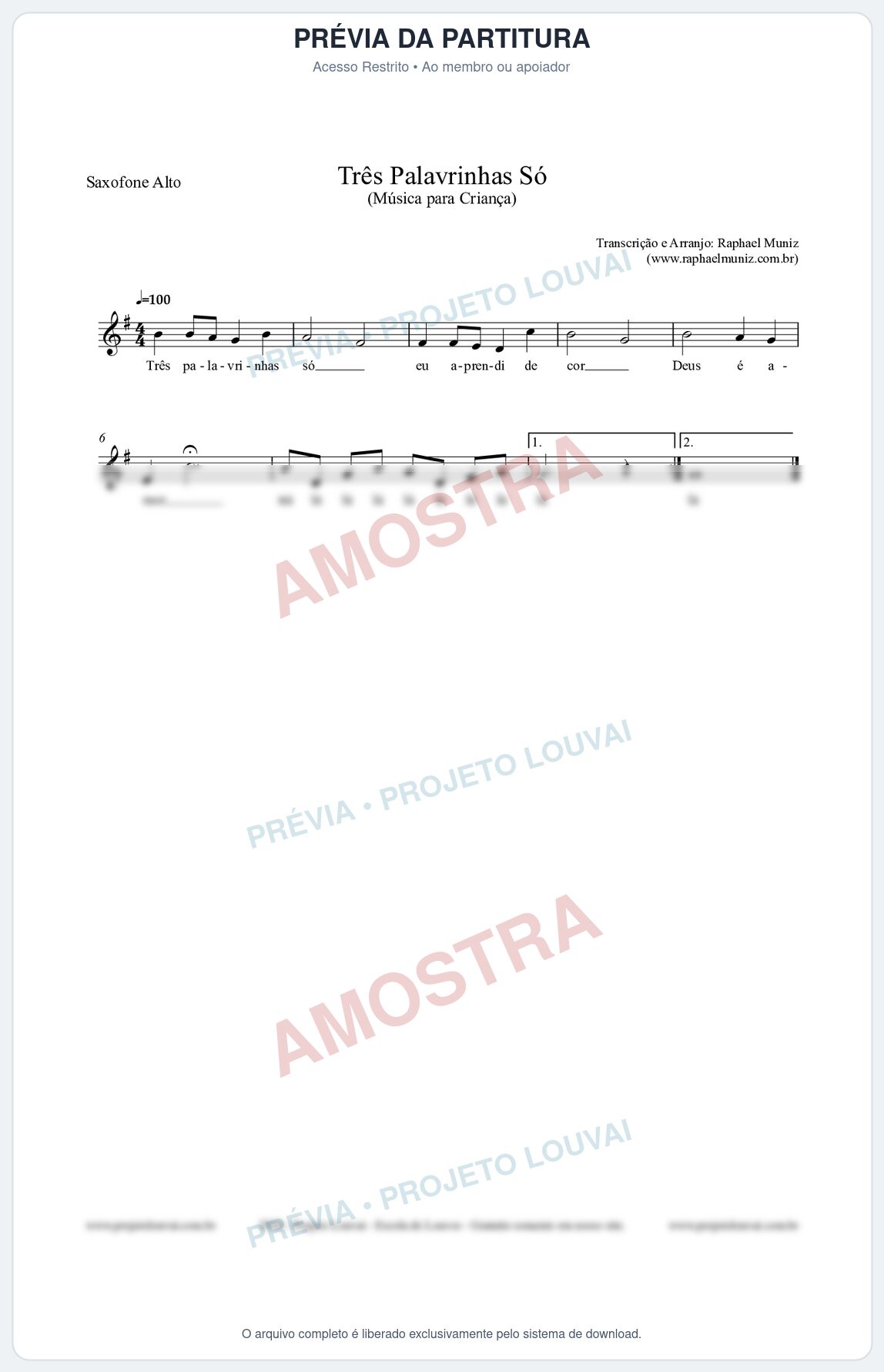Prévia protegida da primeira página da partitura Partitura para Saxofone Alto - Três Palavrinhas Só - Música Infantil