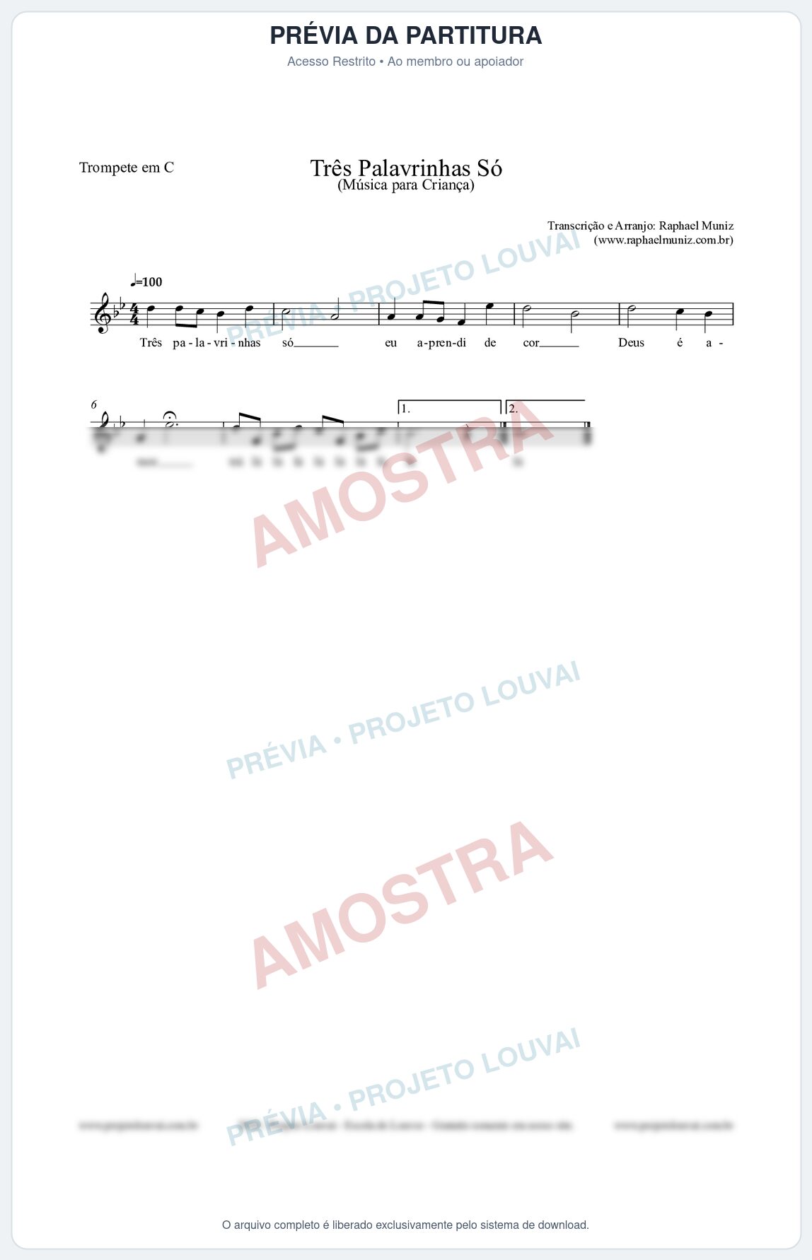 Prévia protegida da primeira página da partitura Partitura para Trompete em C - Três Palavrinhas Só - Música Infantil