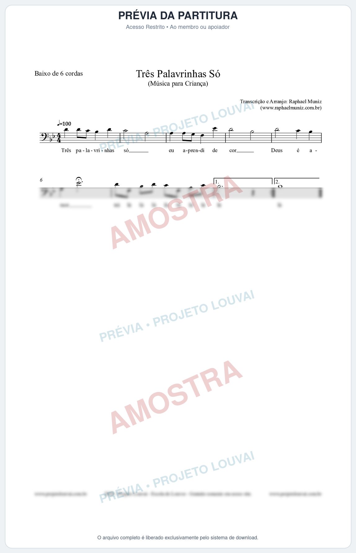 Prévia protegida da primeira página da partitura Partitura para Baixo de 6 cordas - Três Palavrinhas Só - Música Infantil