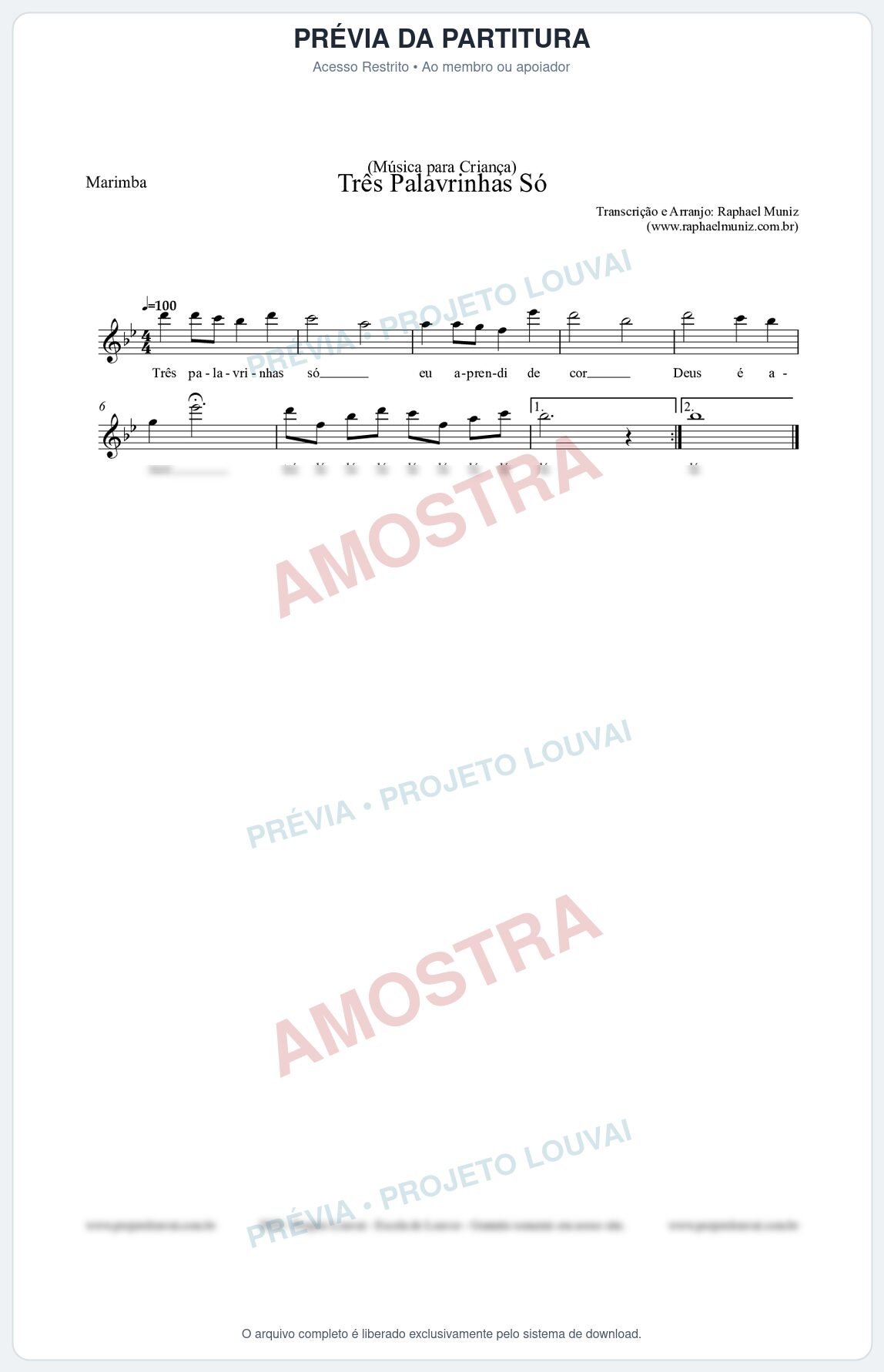 Prévia protegida da primeira página da partitura Partitura para Marimba - Três Palavrinhas Só - Música Infantil