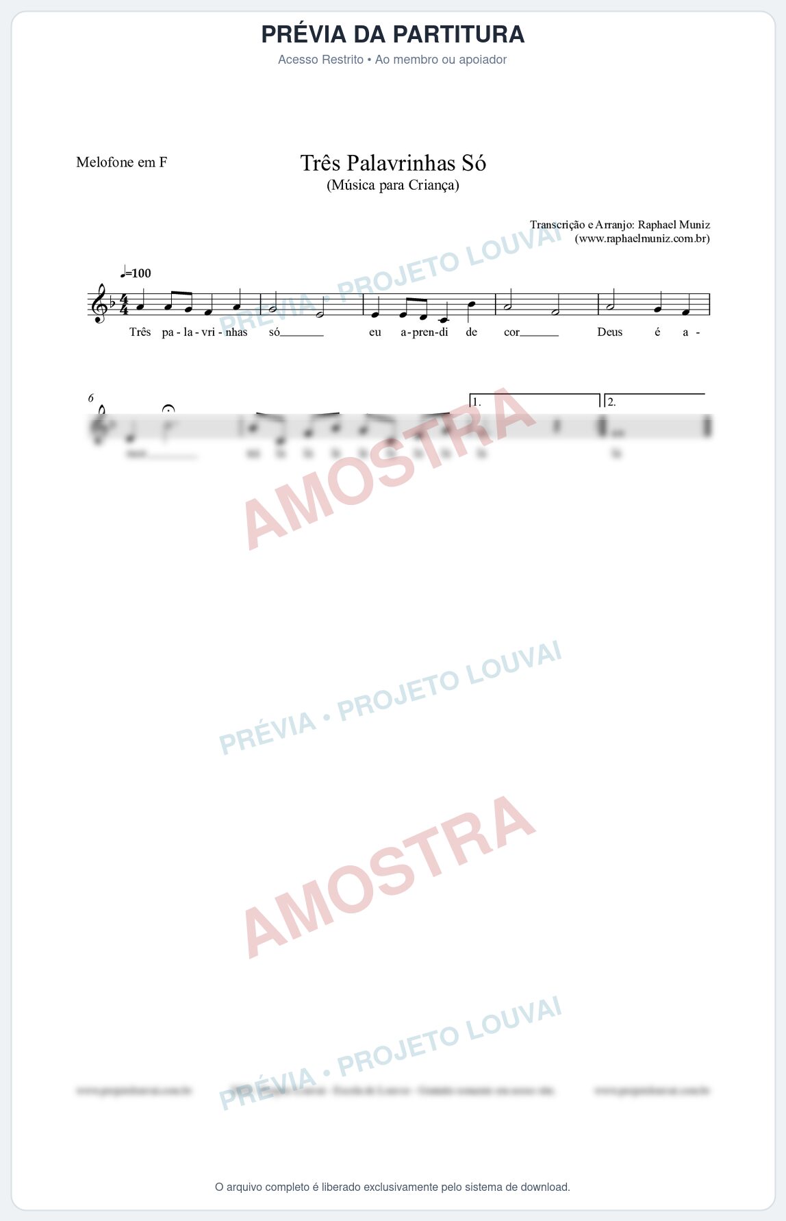 Prévia protegida da primeira página da partitura Partitura para Melofone em F - Três Palavrinhas Só - Música Infantil