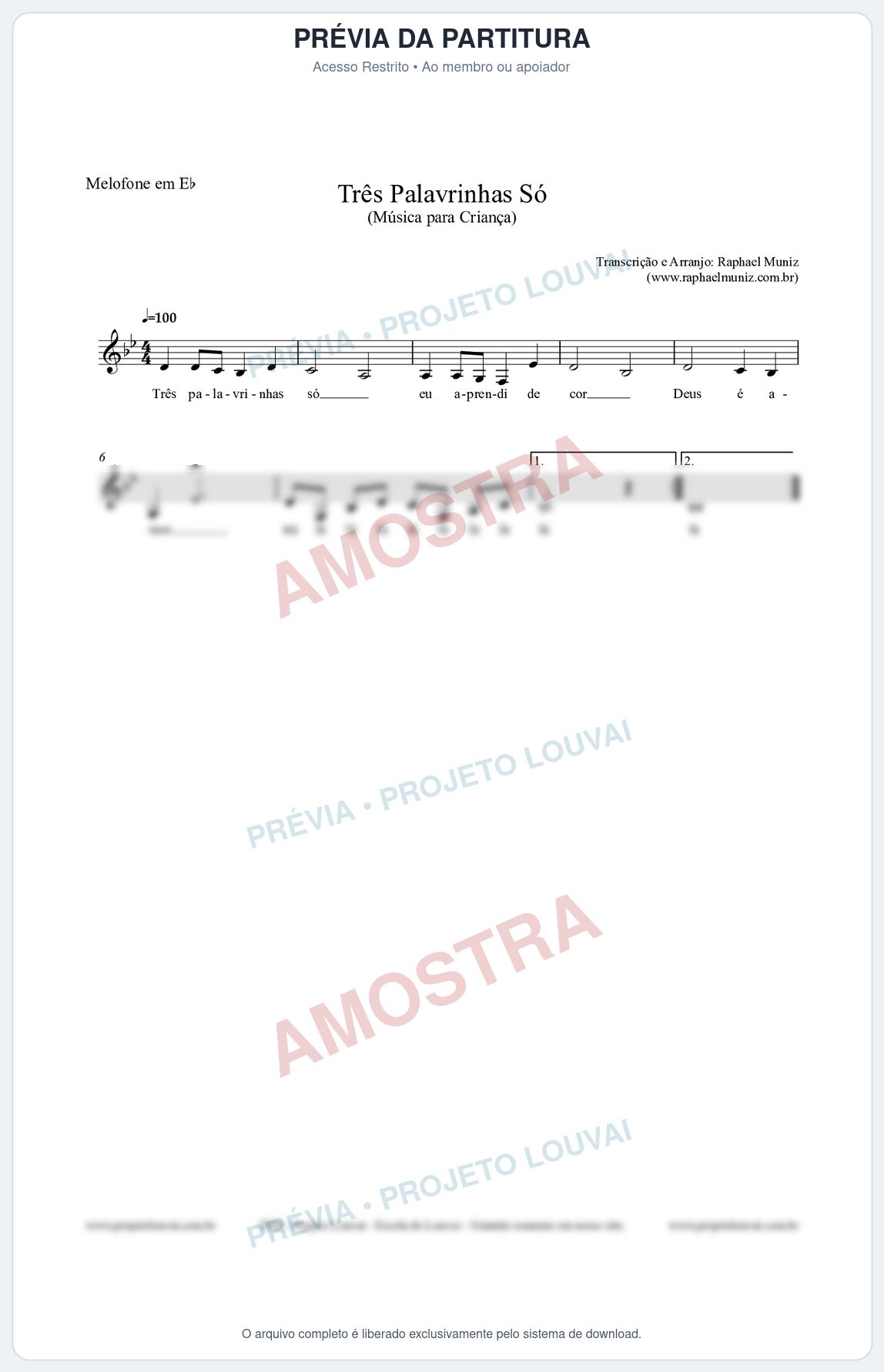 Prévia protegida da primeira página da partitura Partitura para Melofone em Eb - Três Palavrinhas Só - Música Infantil