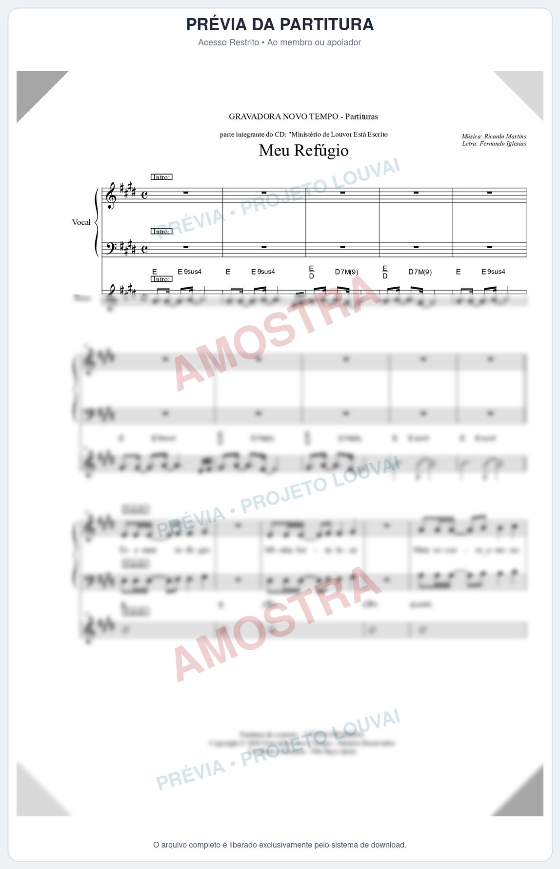 Prévia protegida da primeira página da partitura Partitura para Coral ou Grupo vocal - Meu Refúgio - Ministério de Louvor Está Escrito