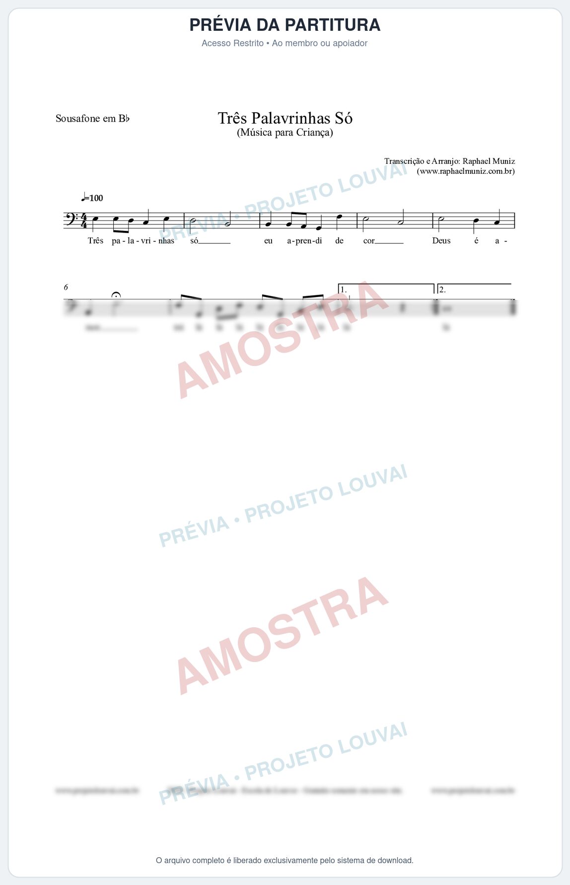 Prévia protegida da primeira página da partitura Partitura para Sousafone em Bb - Três Palavrinhas Só - Música Infantil