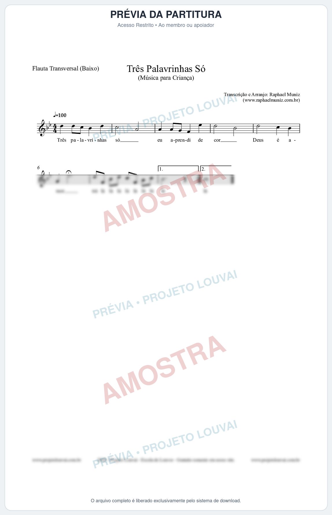 Prévia protegida da primeira página da partitura Partitura para Flauta Transversal (Baixo) - Três Palavrinhas Só - Música Infantil