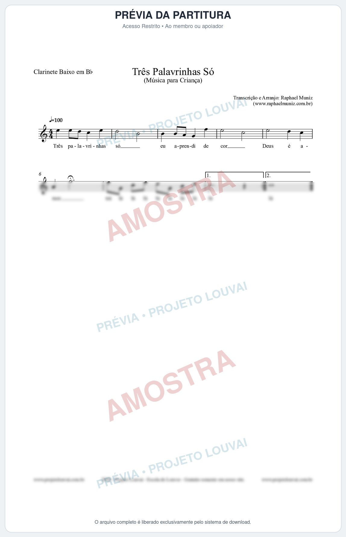 Prévia protegida da primeira página da partitura Partitura para Clarinete Baixo em Bb - Três Palavrinhas Só - Música Infantil