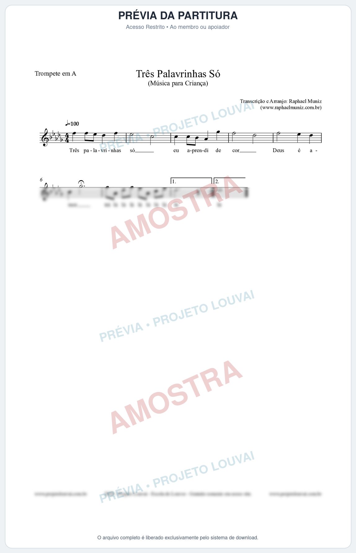 Prévia protegida da primeira página da partitura Partitura para Trompete em A - Três Palavrinhas Só - Música Infantil