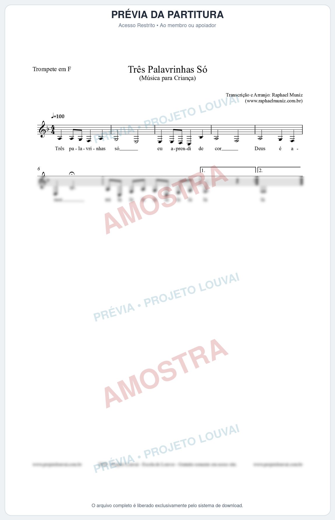 Prévia protegida da primeira página da partitura Partitura para Trompete em F - Três Palavrinhas Só - Música Infantil
