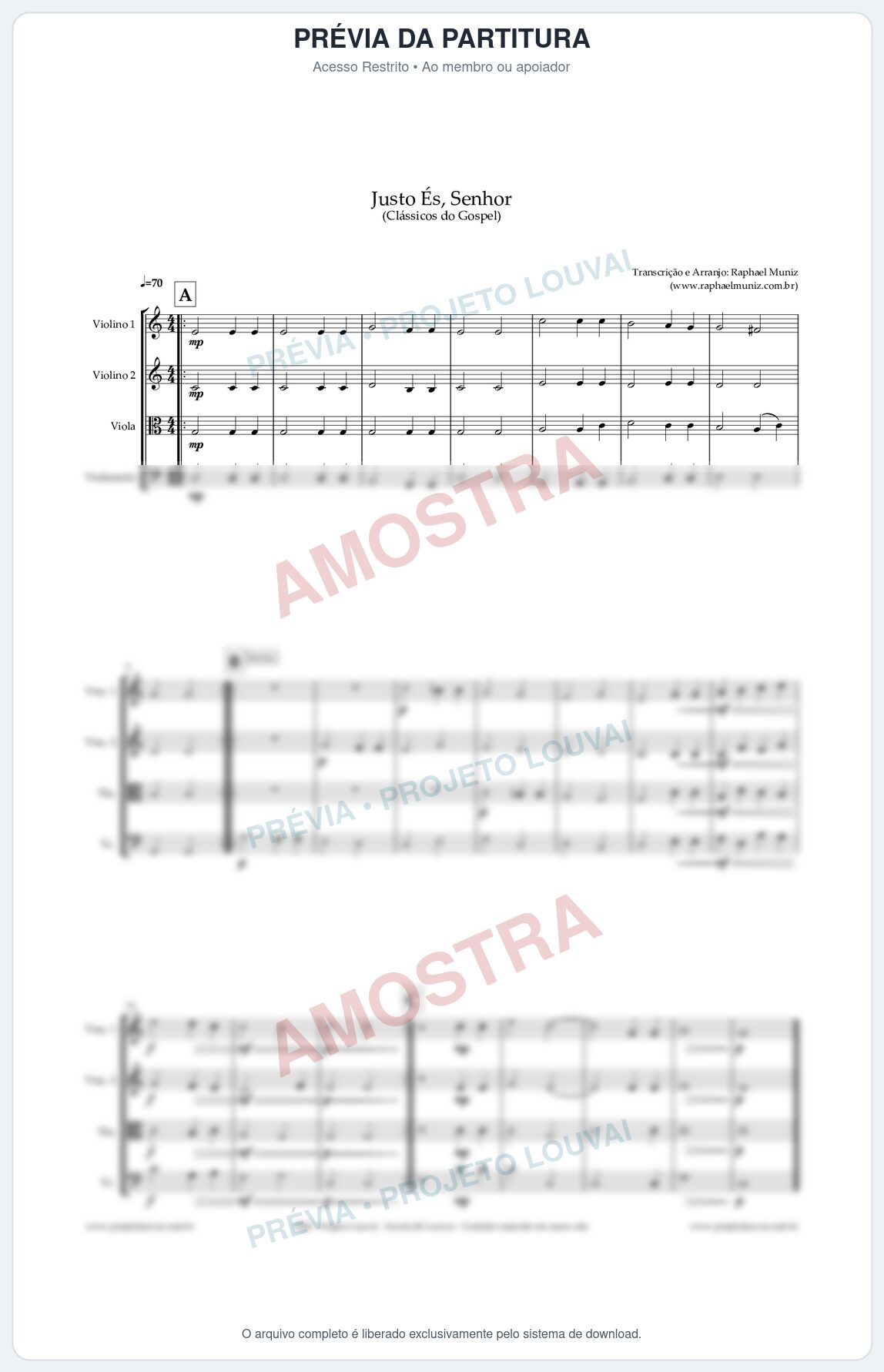 Prévia protegida da primeira página da partitura Partitura para Quarteto de Cordas - Justo És Senhor - Cantor Cristão nº2 - Clássicos do Gospel