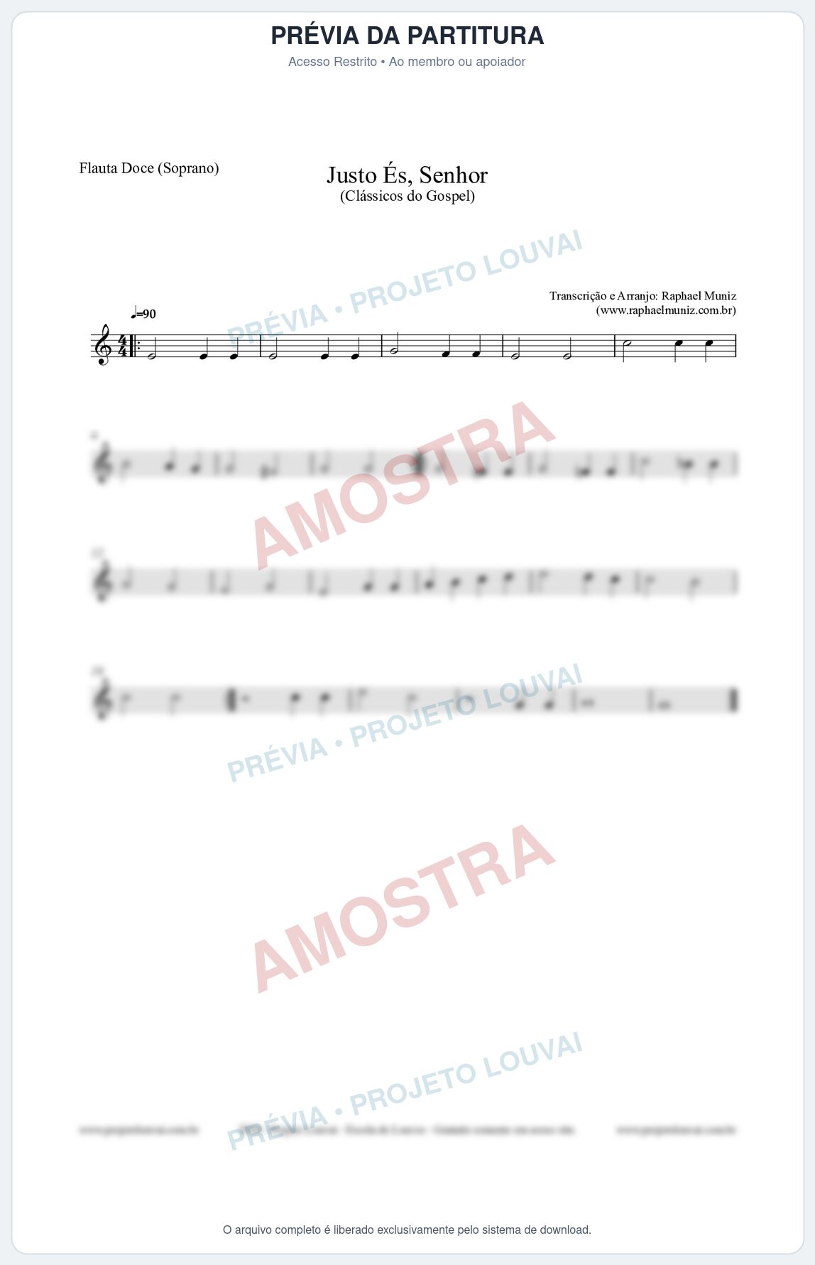 Prévia protegida da primeira página da partitura Partitura para Flauta Doce (Soprano) - Justo És Senhor - Cantor Cristão nº2 - Clássicos do Gospel