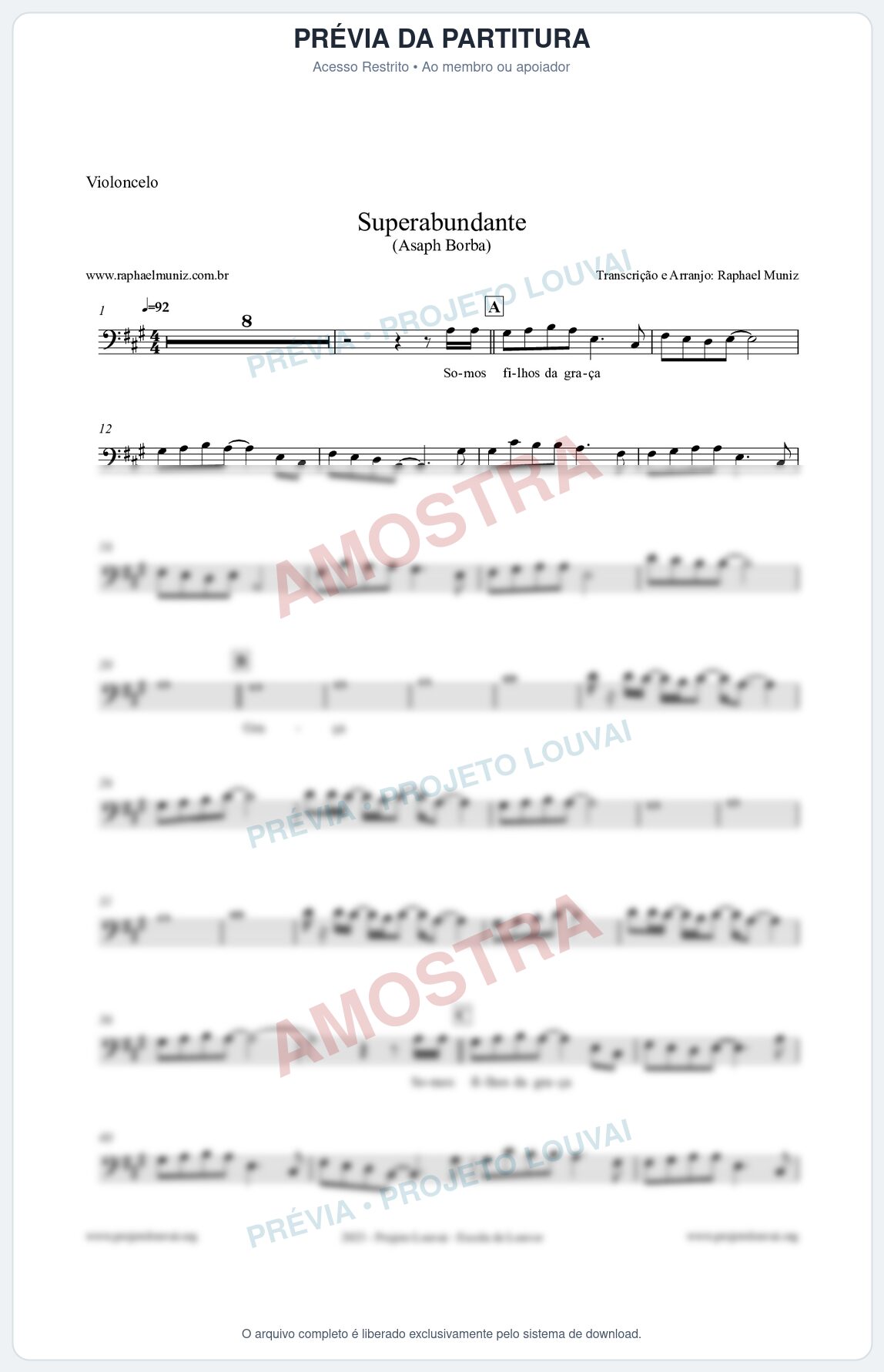 Prévia protegida da primeira página da partitura Partitura para Violoncelo - Superabundante - Asaph Borba