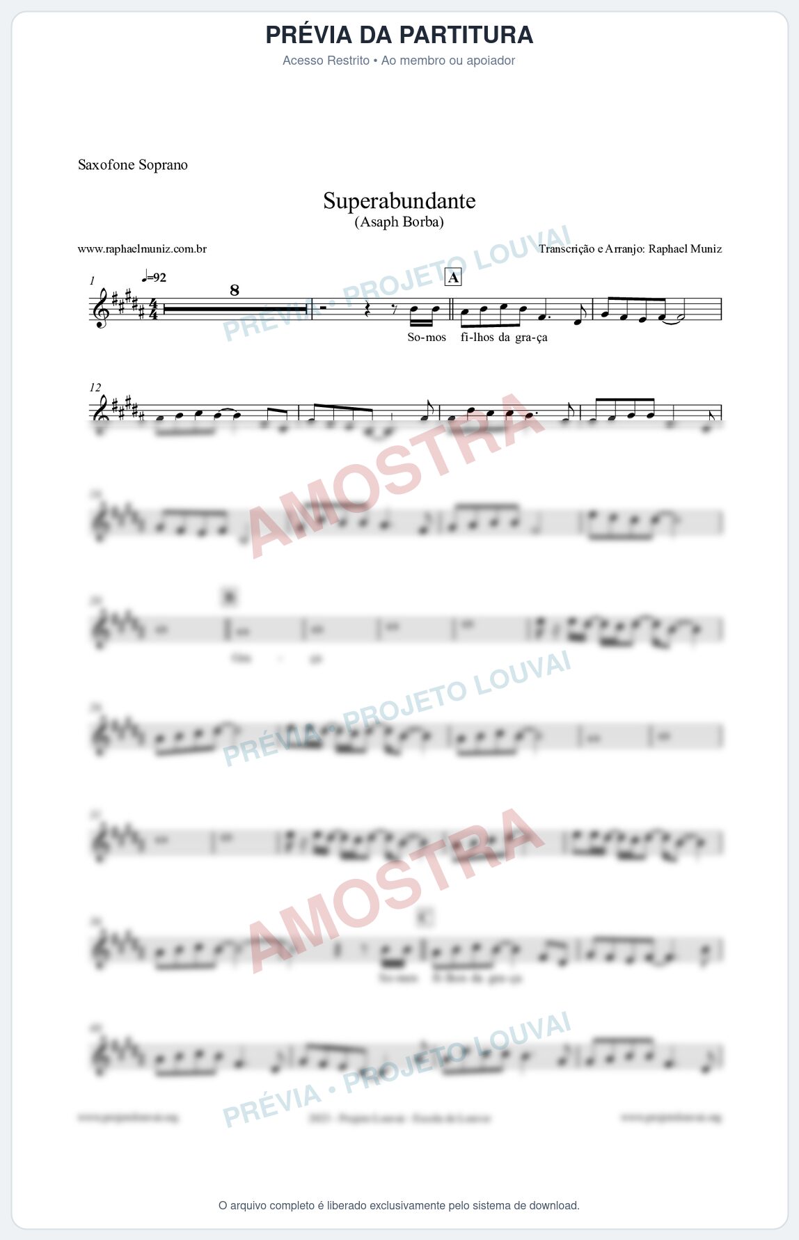 Prévia protegida da primeira página da partitura Partitura para Saxofone Soprano - Superabundante - Asaph Borba