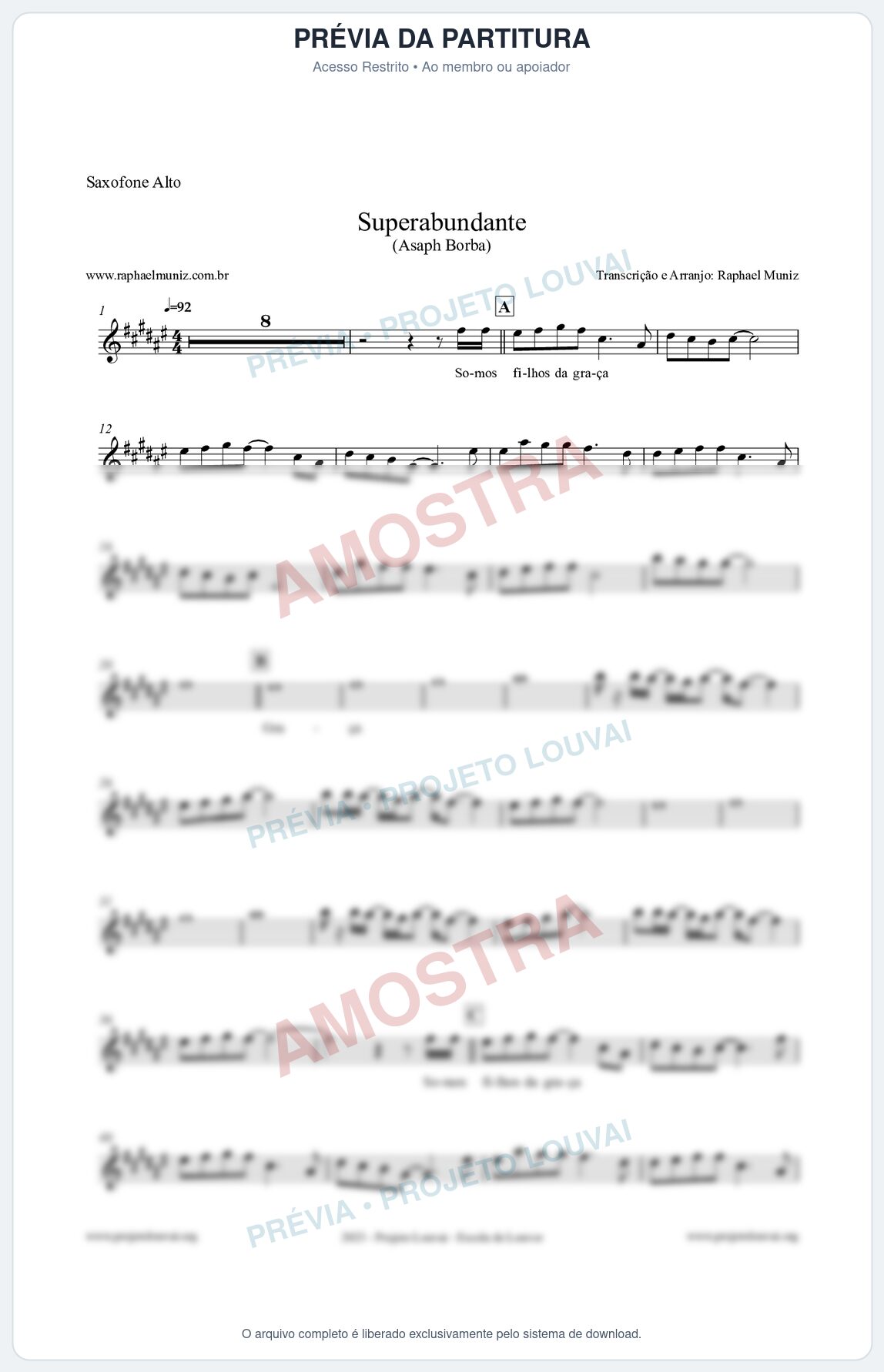 Prévia protegida da primeira página da partitura Partitura para Saxofone Alto - Superabundante - Asaph Borba