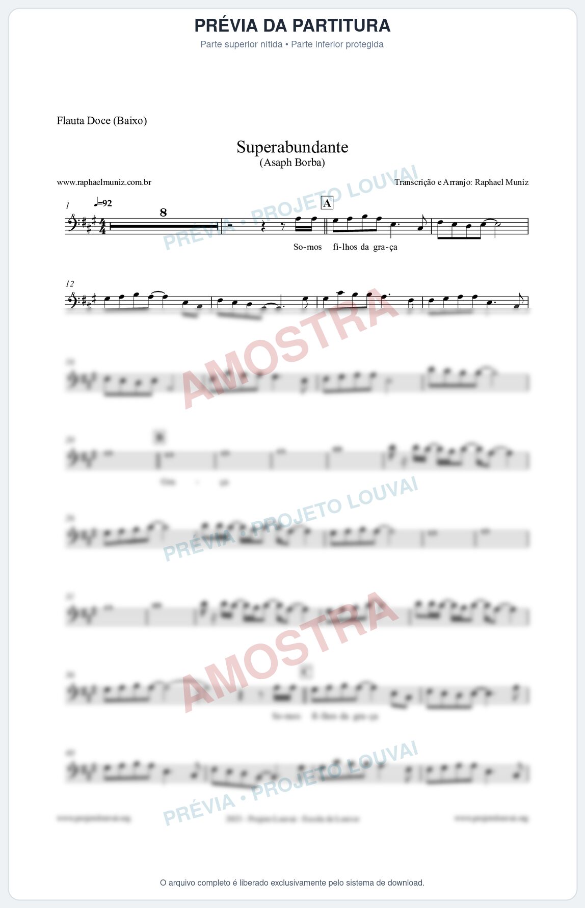 Prévia protegida da primeira página da partitura Partitura para Flauta Doce (Baixo) - Superabundante - Asaph Borba