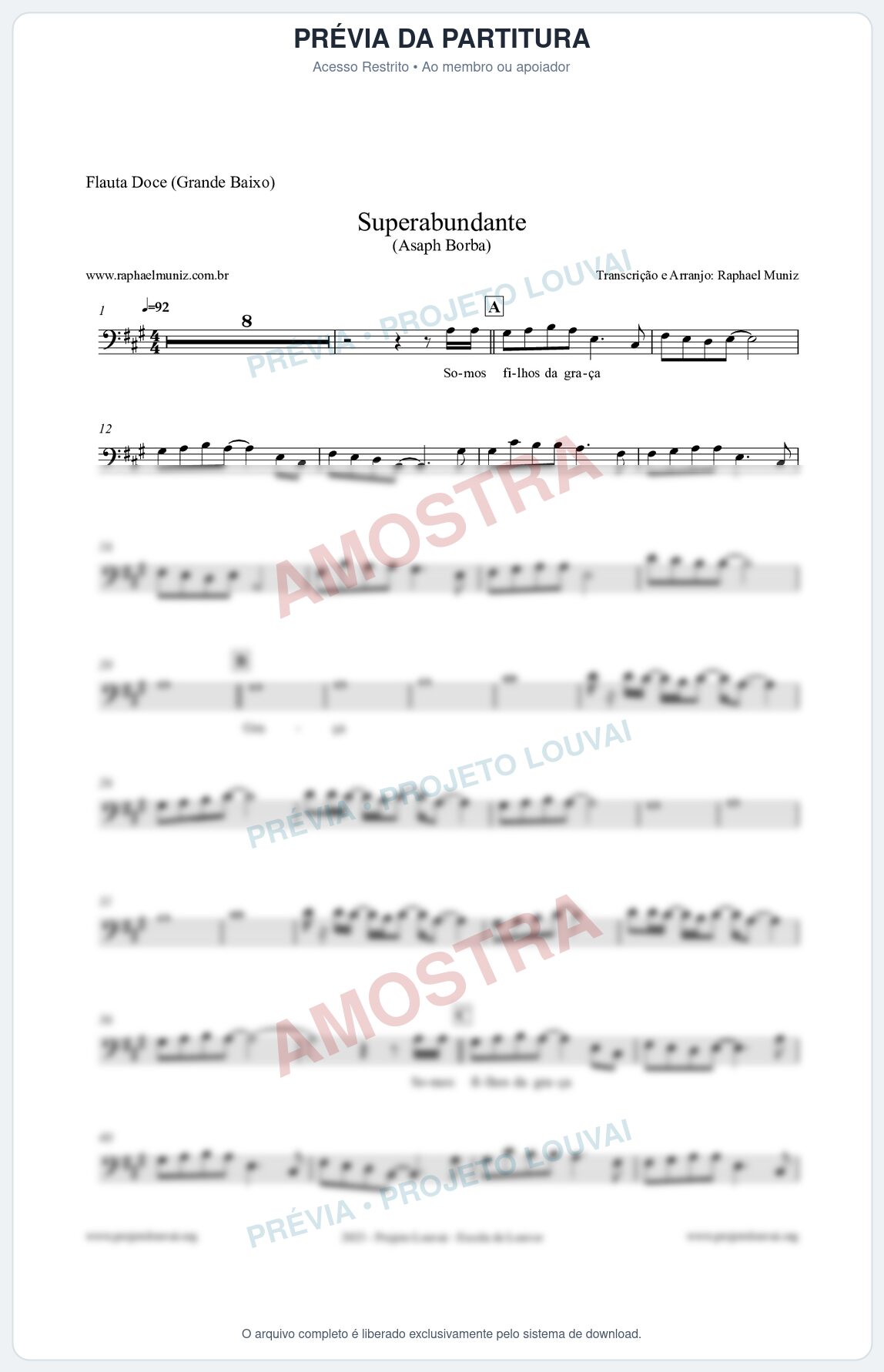 Prévia protegida da primeira página da partitura Partitura para Flauta Doce (Grande Baixo) - Superabundante - Asaph Borba